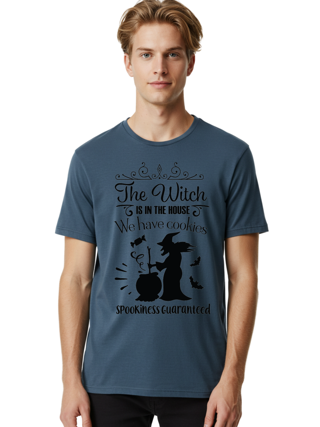 The-Witch-Is-In-The-House-We-Have-Cookies Men'S Graphic Tee, 100% Cotton, Comfortable Casual Summer Wear, Machine Washable, Halloween Witch, Witch Silhouette, Witch'S Cauldron, Halloween Treats, Spooky Decorations, Halloween Cookies, Aad239