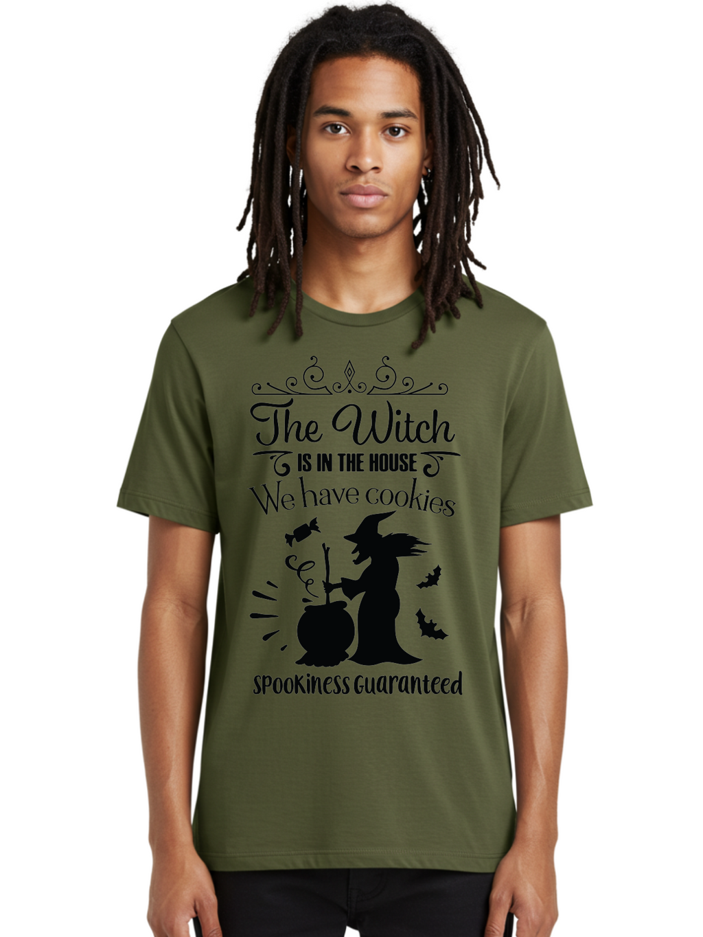 The-Witch-Is-In-The-House-We-Have-Cookies Men'S Graphic Tee, 100% Cotton, Comfortable Casual Summer Wear, Machine Washable, Halloween Witch, Witch Silhouette, Witch'S Cauldron, Halloween Treats, Spooky Decorations, Halloween Cookies, Aad239