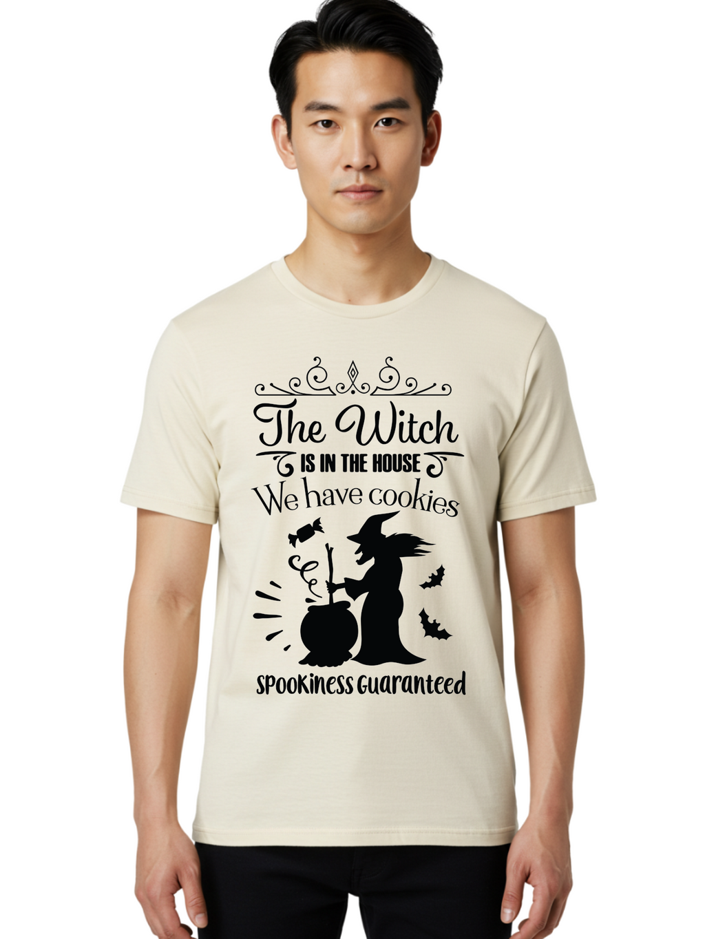 The-Witch-Is-In-The-House-We-Have-Cookies Men'S Graphic Tee, 100% Cotton, Comfortable Casual Summer Wear, Machine Washable, Halloween Witch, Witch Silhouette, Witch'S Cauldron, Halloween Treats, Spooky Decorations, Halloween Cookies, Aad239