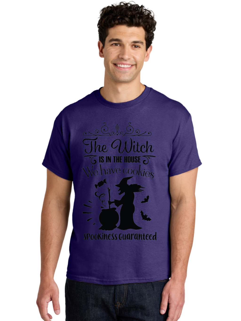 The-Witch-Is-In-The-House-We-Have-Cookies Men'S Graphic Tee, 100% Cotton, Comfortable Casual Summer Wear, Machine Washable, Halloween Witch, Witch Silhouette, Witch'S Cauldron, Halloween Treats, Spooky Decorations, Halloween Cookies, Aad239