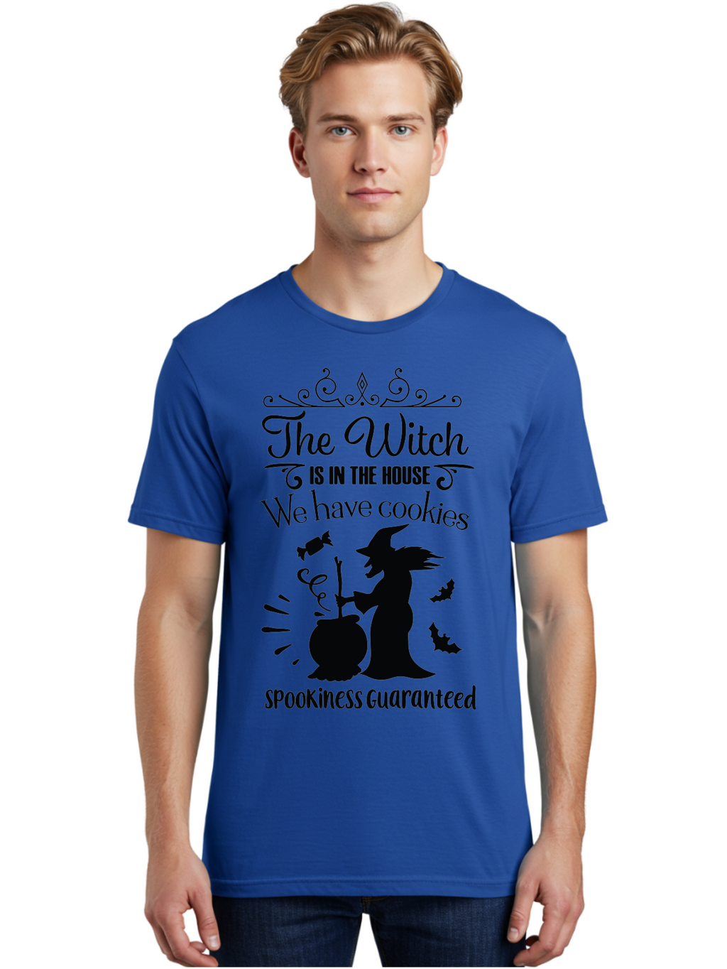 The-Witch-Is-In-The-House-We-Have-Cookies Men'S Graphic Tee, 100% Cotton, Comfortable Casual Summer Wear, Machine Washable, Halloween Witch, Witch Silhouette, Witch'S Cauldron, Halloween Treats, Spooky Decorations, Halloween Cookies, Aad239