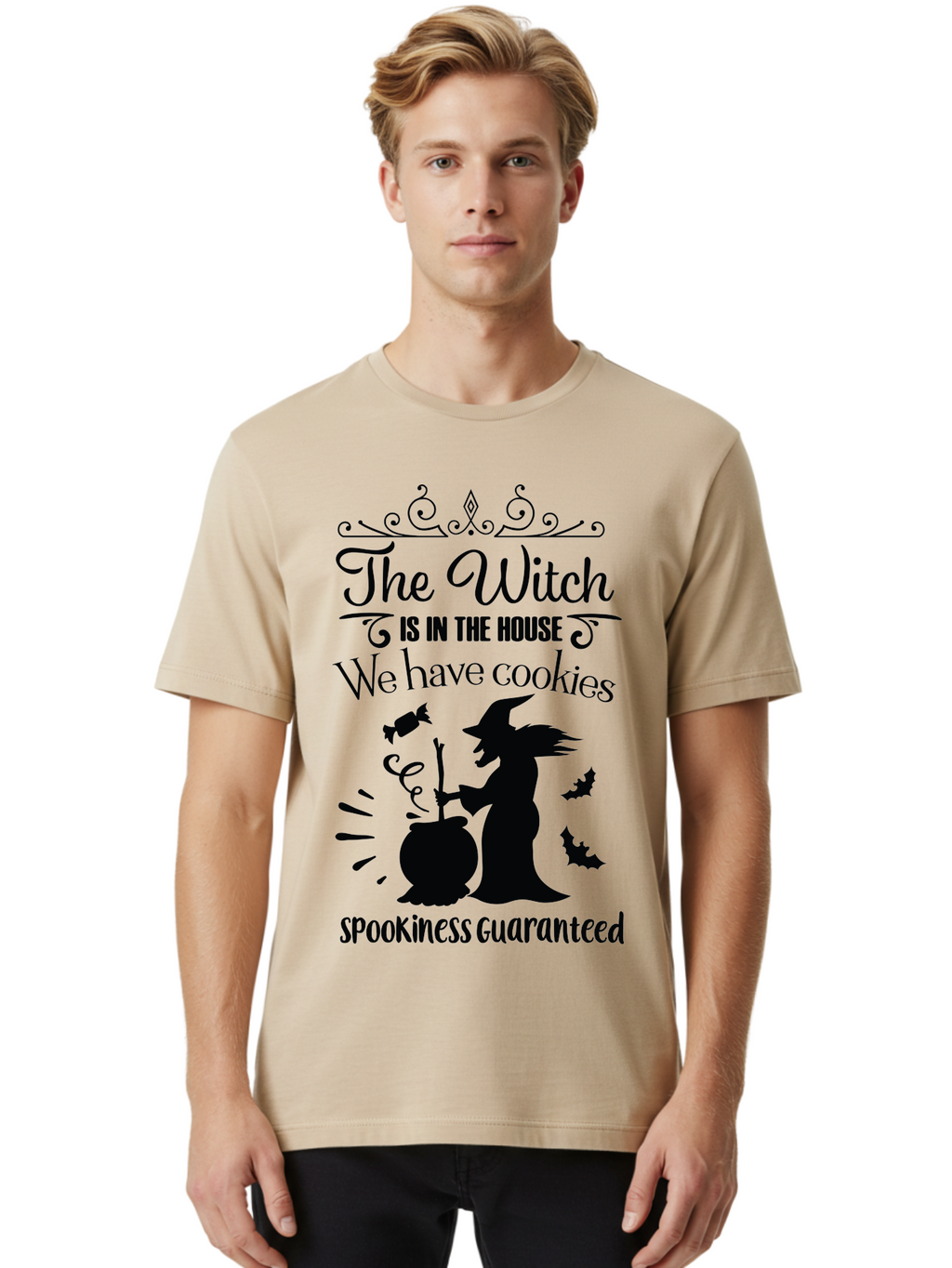 The-Witch-Is-In-The-House-We-Have-Cookies Men'S Graphic Tee, 100% Cotton, Comfortable Casual Summer Wear, Machine Washable, Halloween Witch, Witch Silhouette, Witch'S Cauldron, Halloween Treats, Spooky Decorations, Halloween Cookies, Aad239