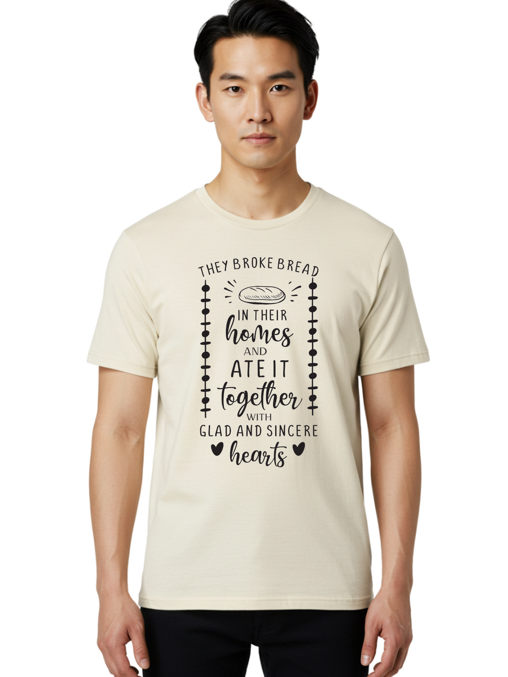 They-Broke-Bread Men'S Graphic Tee, 100% Cotton, Comfortable Casual Summer Wear, Machine Washable, Breaking Bread, Sharing Meals, Togetherness, Glad Hearts, Sincere Love, Community Bonding, Scripture Illustration, Faith-Based Art, Aad242