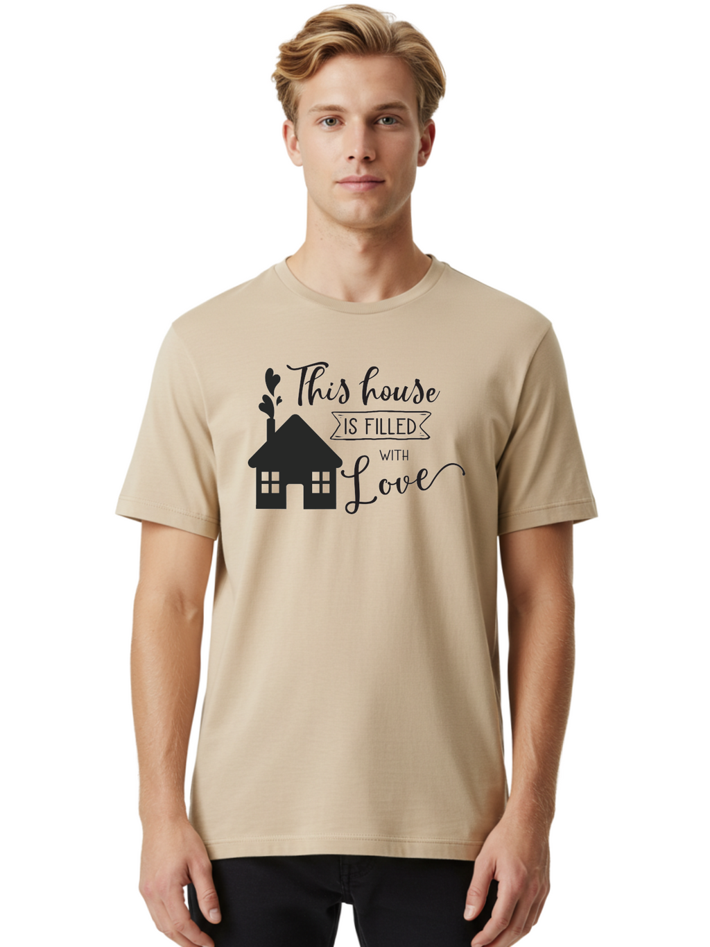 This-House-Is-Filled-With-Love Men'S Graphic Tee, 100% Cotton, Comfortable Casual Summer Wear, Machine Washable, Love-Filled Home, Family Values, Home Sweet Home, Heartwarming Quotes, Cozy Atmosphere, Loving Sentiment, Home Decor Inspiration Aad245