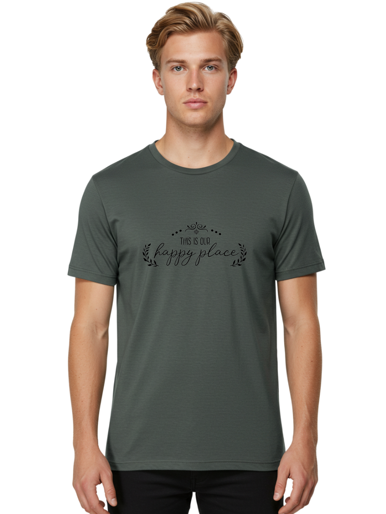 This-Is-Our-Happy-Place Men'S Graphic Tee, 100% Cotton, Comfortable Casual Summer Wear, Machine Washable, Happy Place, Positive Vibes, Inspiring Quote, Motivational Words, Floral Wreath, Decorative Design, Harmony, Happiness, Aad248