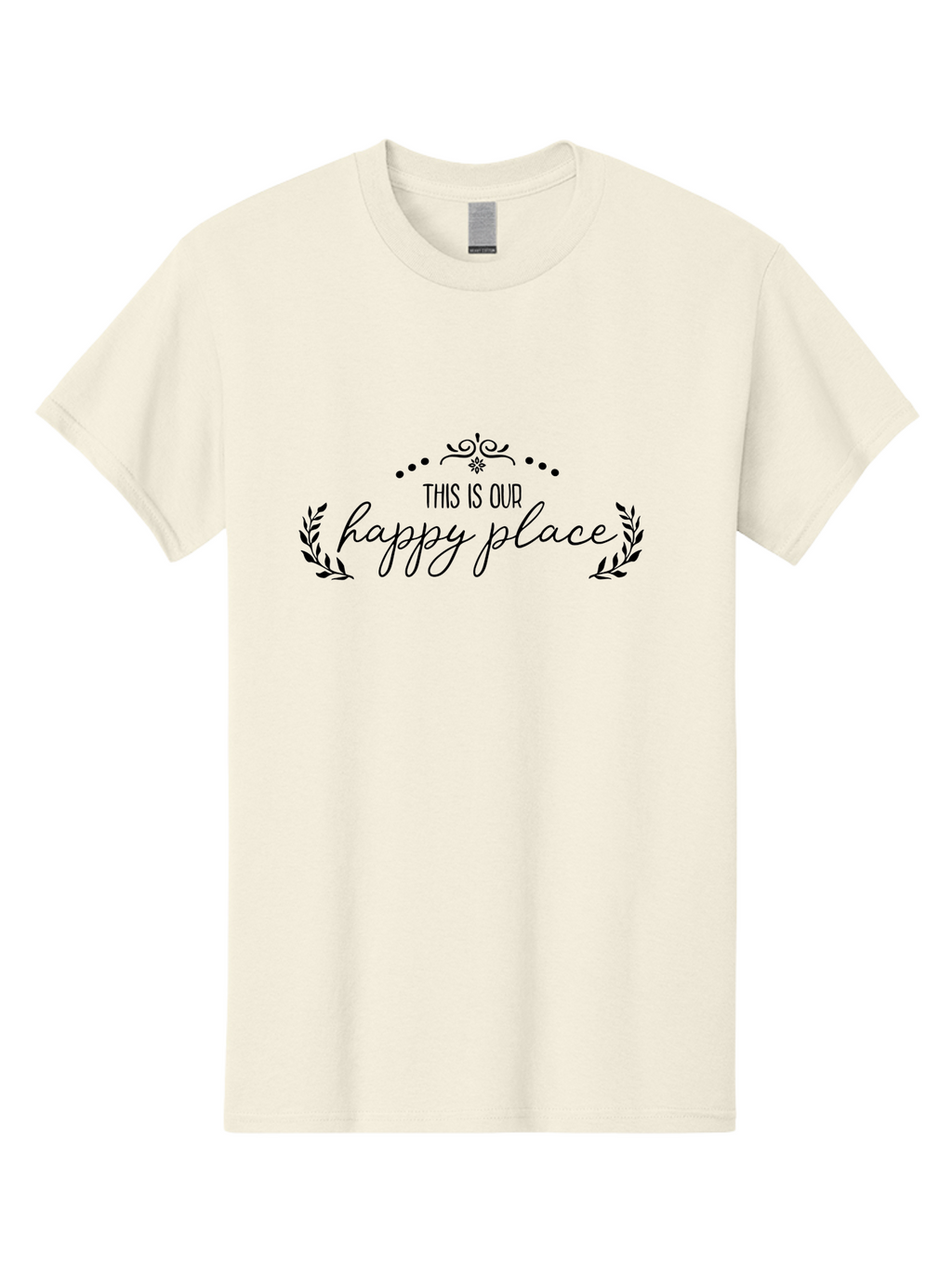 This-Is-Our-Happy-Place Men'S Graphic Tee, 100% Cotton, Comfortable Casual Summer Wear, Machine Washable, Happy Place, Positive Vibes, Inspiring Quote, Motivational Words, Floral Wreath, Decorative Design, Harmony, Happiness, Aad248