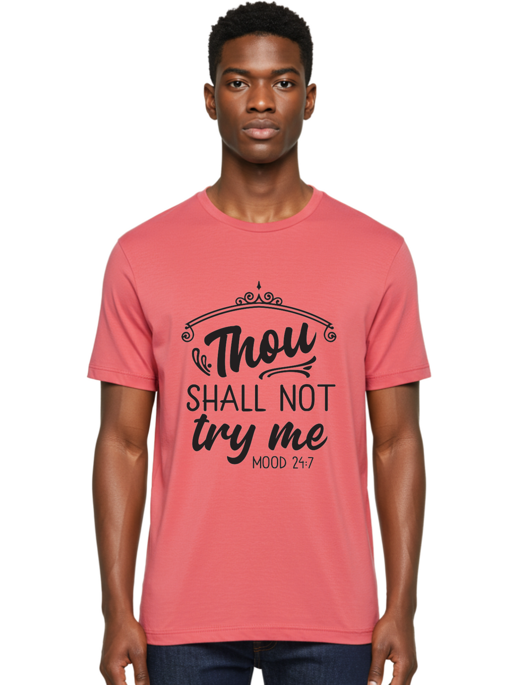 Thou-Shall-Not-Try-Me Men'S Graphic Tee, 100% Cotton, Comfortable Casual Summer Wear, Machine Washable, Inspirational Quote, Motivational Phrase, Black Text, Decorative Typography, Funny Saying, Humorous Design, Unique Phrase, Quirky Humor Aad250