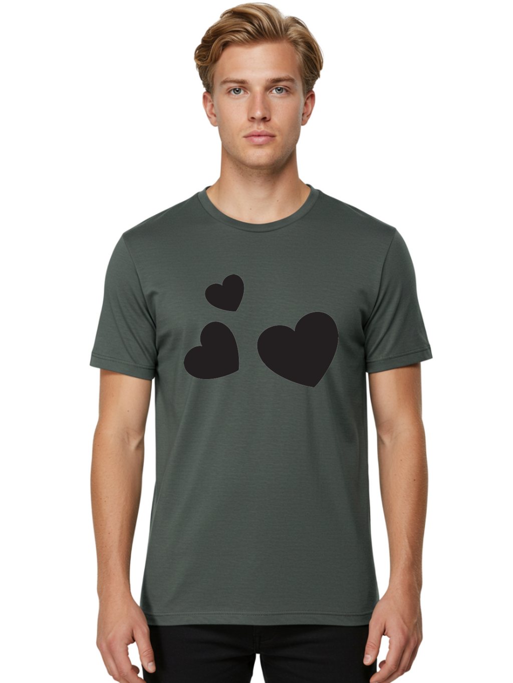 Three-Black-Hearts Men'S Graphic Tee, 100% Cotton, Comfortable Casual Summer Wear, Machine Washable, Love Symbols, Heart Icons, Minimalist Design, Simple Shapes, Black Silhouettes, Romance, Love Hearts, Heart Shapes Aad251