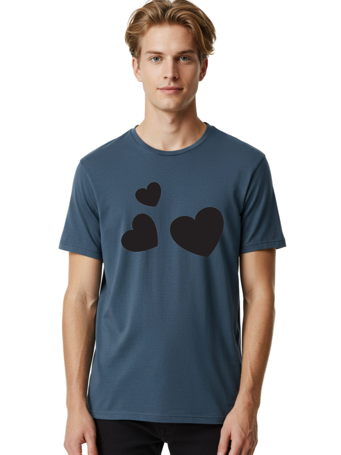 Three-Black-Hearts Men'S Graphic Tee, 100% Cotton, Comfortable Casual Summer Wear, Machine Washable, Love Symbols, Heart Icons, Minimalist Design, Simple Shapes, Black Silhouettes, Romance, Love Hearts, Heart Shapes Aad251