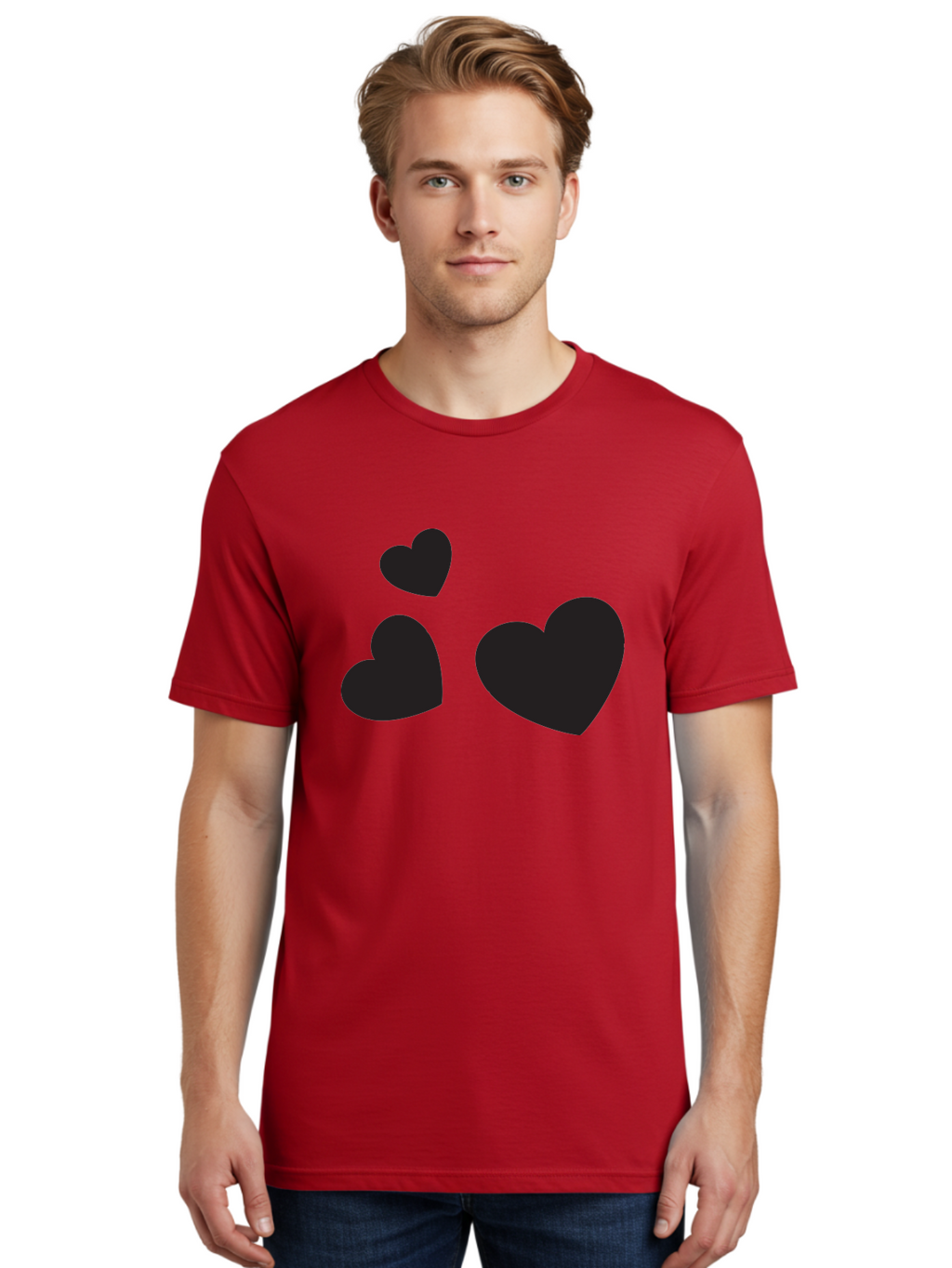 Three-Black-Hearts Men'S Graphic Tee, 100% Cotton, Comfortable Casual Summer Wear, Machine Washable, Love Symbols, Heart Icons, Minimalist Design, Simple Shapes, Black Silhouettes, Romance, Love Hearts, Heart Shapes Aad251