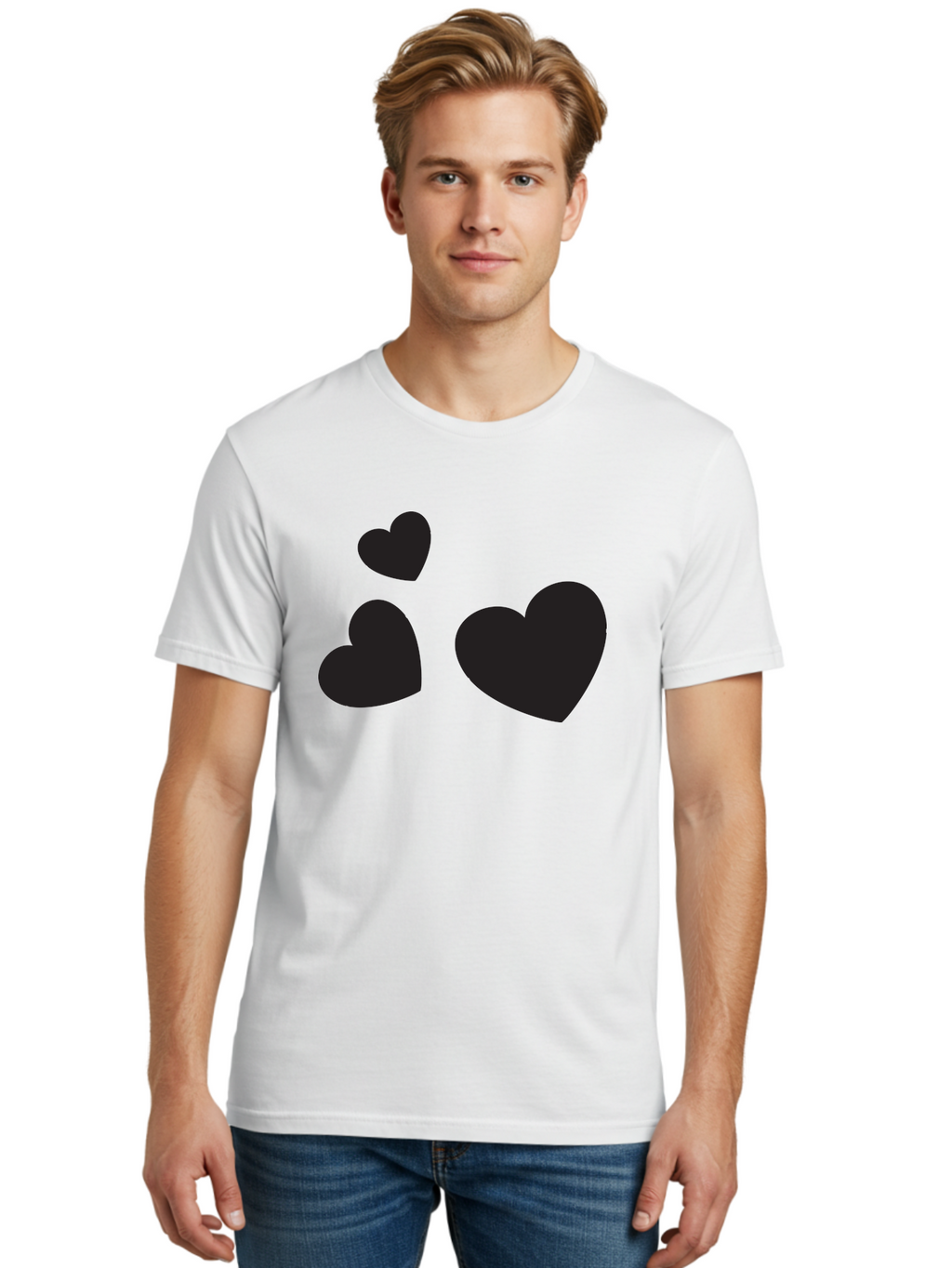 Three-Black-Hearts Men'S Graphic Tee, 100% Cotton, Comfortable Casual Summer Wear, Machine Washable, Love Symbols, Heart Icons, Minimalist Design, Simple Shapes, Black Silhouettes, Romance, Love Hearts, Heart Shapes Aad251