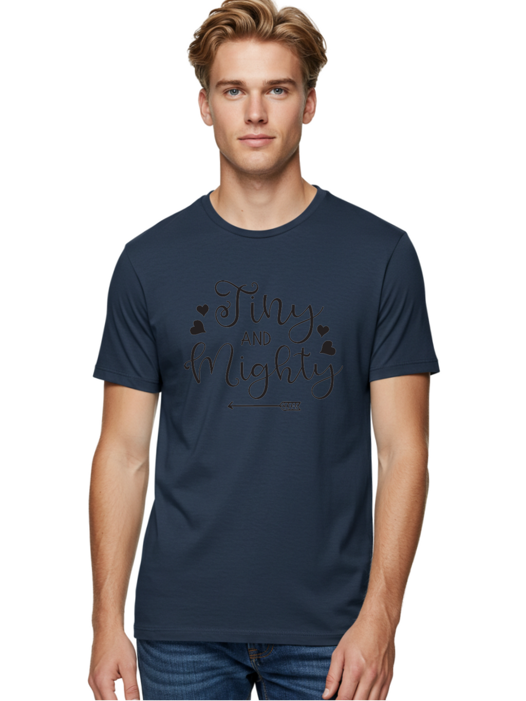 Tiny-And-Mighty Men'S Graphic Tee, 100% Cotton, Comfortable Casual Summer Wear, Machine Washable, Inspirational Quote, Motivational Phrase, Tiny And Mighty, Empowerment, Strong And Confident, Hearts And Arrow, Feminine Typography, Aad256