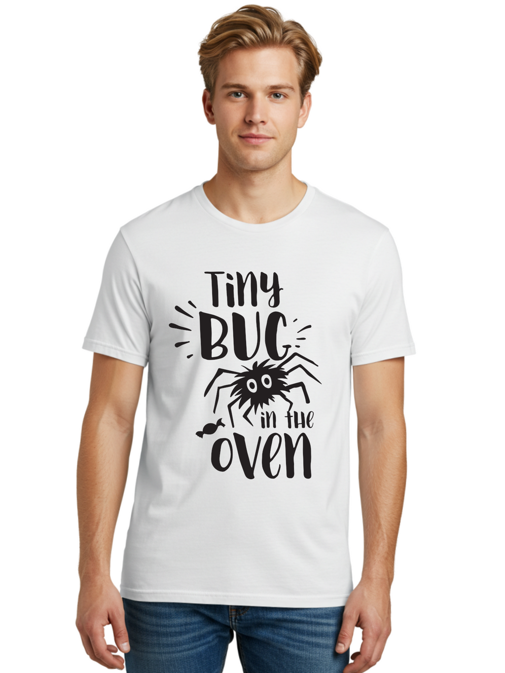 Tiny-Bug-In-The-Oven Men'S Graphic Tee, 100% Cotton, Comfortable Casual Summer Wear, Machine Washable, Funny Black Spider, Tiny Bug In The Oven Phrase, Quirky Kitchen Humor, Baked Goods, Playful, Cute, Cartoon-Style, Baking, Oven, Cooking Aad257