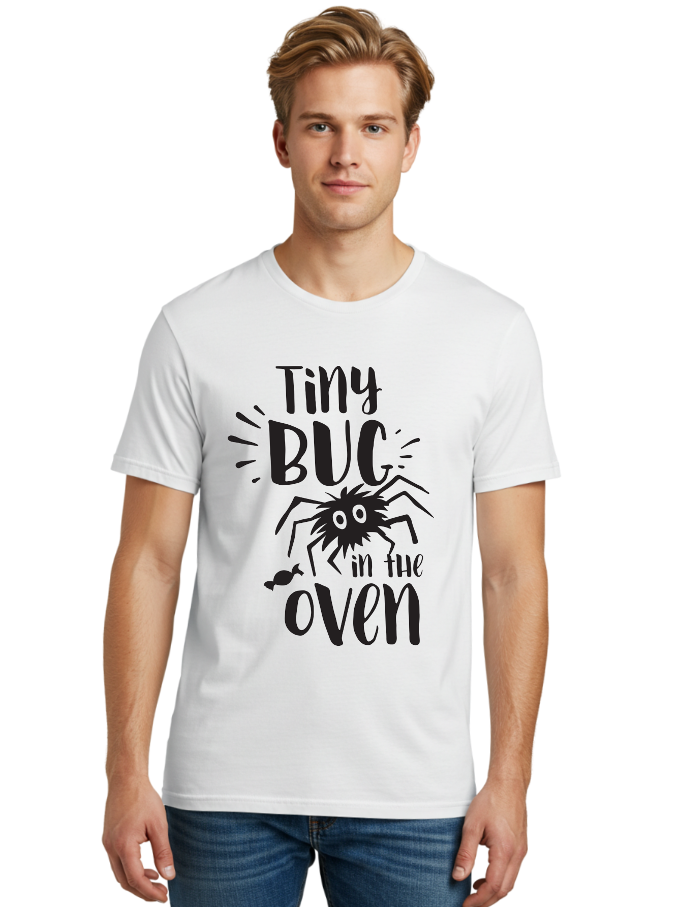 Tiny-Bug-In-The-Oven Men'S Graphic Tee, 100% Cotton, Comfortable Casual Summer Wear, Machine Washable, Funny Black Spider, Tiny Bug In The Oven Phrase, Quirky Kitchen Humor, Baked Goods, Playful, Cute, Cartoon-Style, Baking, Oven, Cooking Aad257