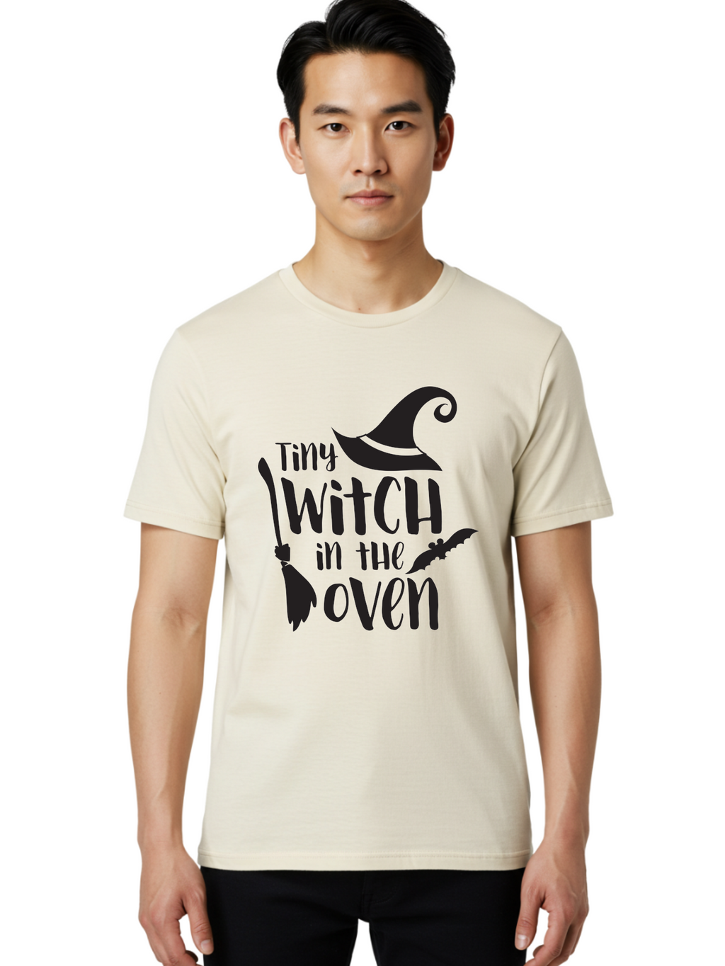 Tiny-Witch-In-The-Oven Men'S Graphic Tee, 100% Cotton, Comfortable Casual Summer Wear, Machine Washable, Halloween Quote, Funny Pregnancy Announcement, Tiny Witch, Broomstick, Witch Hat, Bats, Pregnancy Reveal, Halloween Pregnancy, Aad258