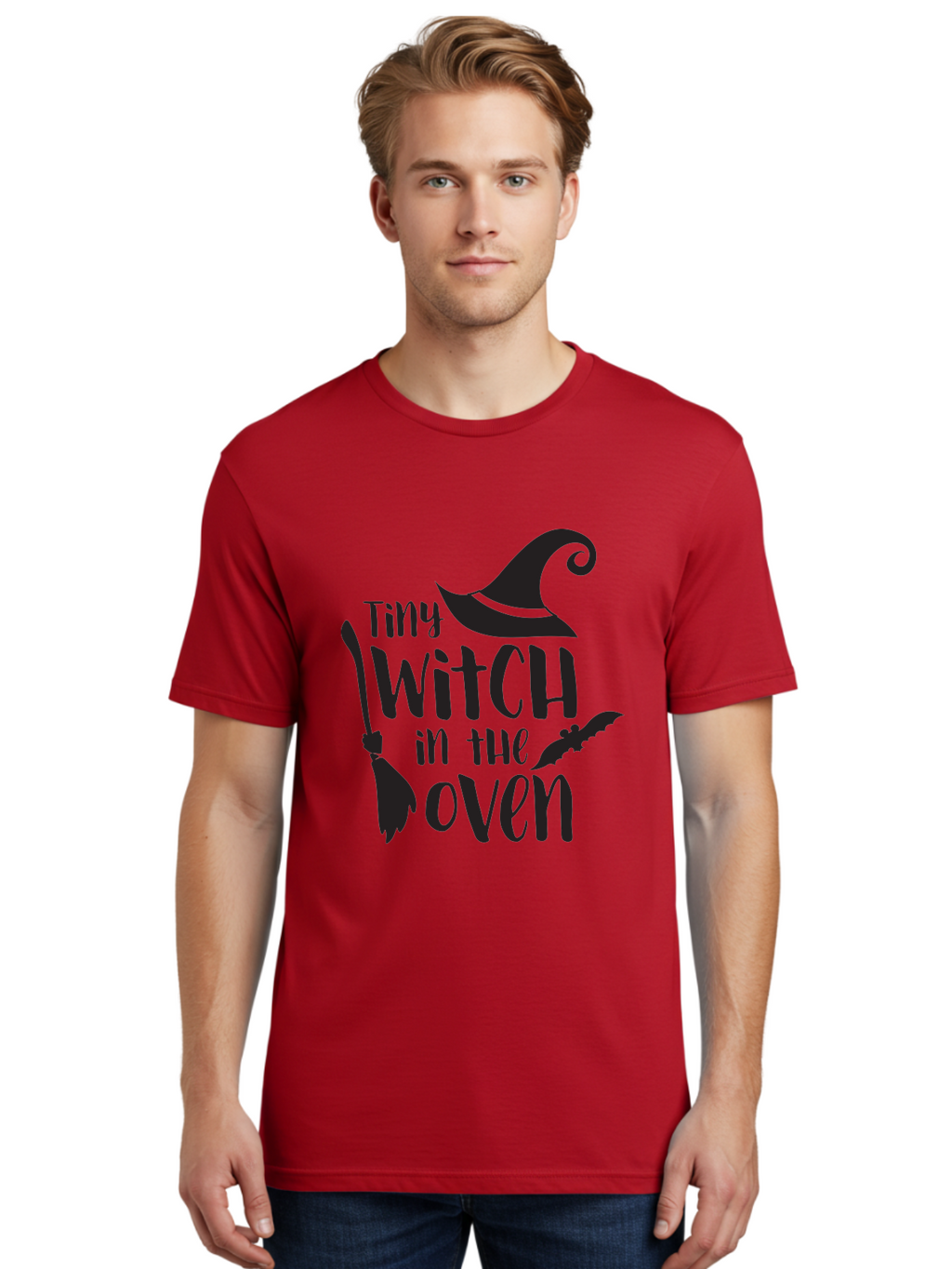 Tiny-Witch-In-The-Oven Men'S Graphic Tee, 100% Cotton, Comfortable Casual Summer Wear, Machine Washable, Halloween Quote, Funny Pregnancy Announcement, Tiny Witch, Broomstick, Witch Hat, Bats, Pregnancy Reveal, Halloween Pregnancy, Aad258