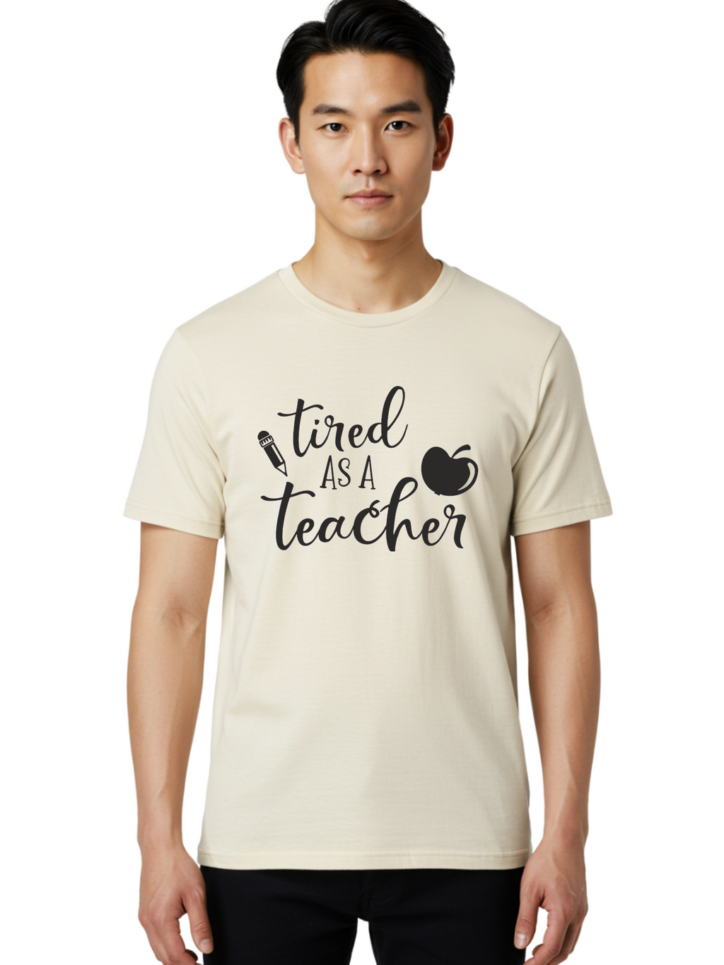 Tired-As-A-Teacher Men'S Graphic Tee, 100% Cotton, Comfortable Casual Summer Wear, Machine Washable, Tired As A Teacher, Teacher Quote, Funny Teacher Quote, Teacher Humor, Teacher Quotes, Apple, Pencil, Teacher Life Aad259