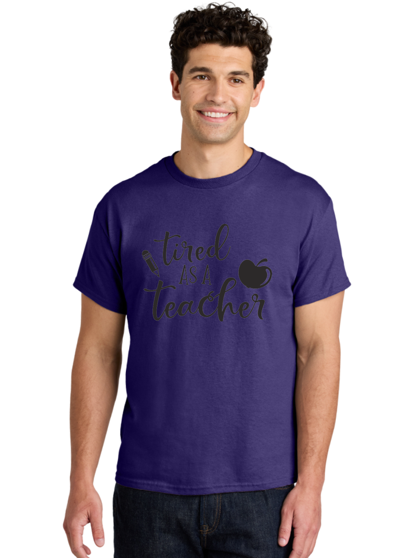 Tired-As-A-Teacher Men'S Graphic Tee, 100% Cotton, Comfortable Casual Summer Wear, Machine Washable, Tired As A Teacher, Teacher Quote, Funny Teacher Quote, Teacher Humor, Teacher Quotes, Apple, Pencil, Teacher Life Aad259