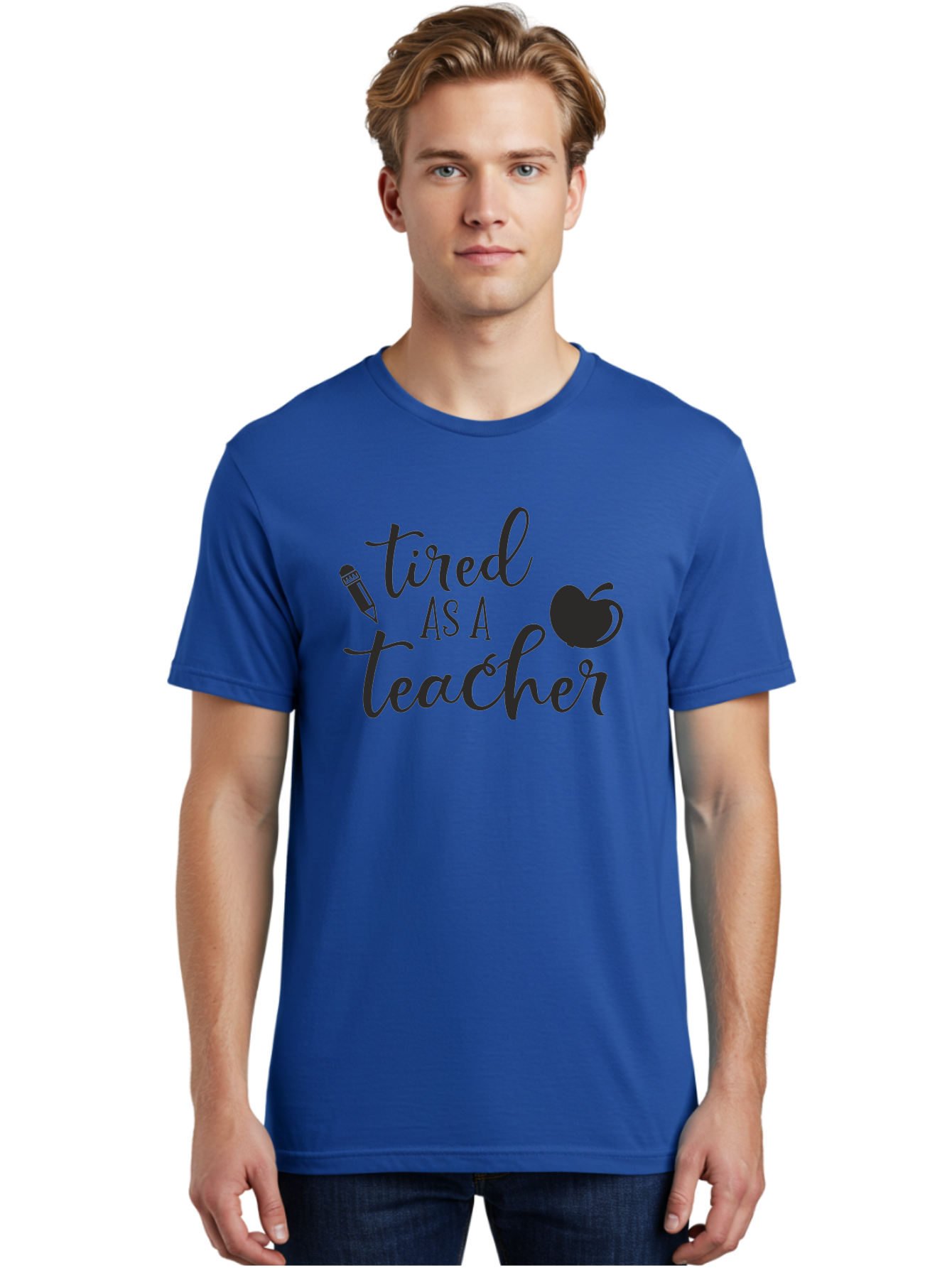 Tired-As-A-Teacher Men'S Graphic Tee, 100% Cotton, Comfortable Casual Summer Wear, Machine Washable, Tired As A Teacher, Teacher Quote, Funny Teacher Quote, Teacher Humor, Teacher Quotes, Apple, Pencil, Teacher Life Aad259