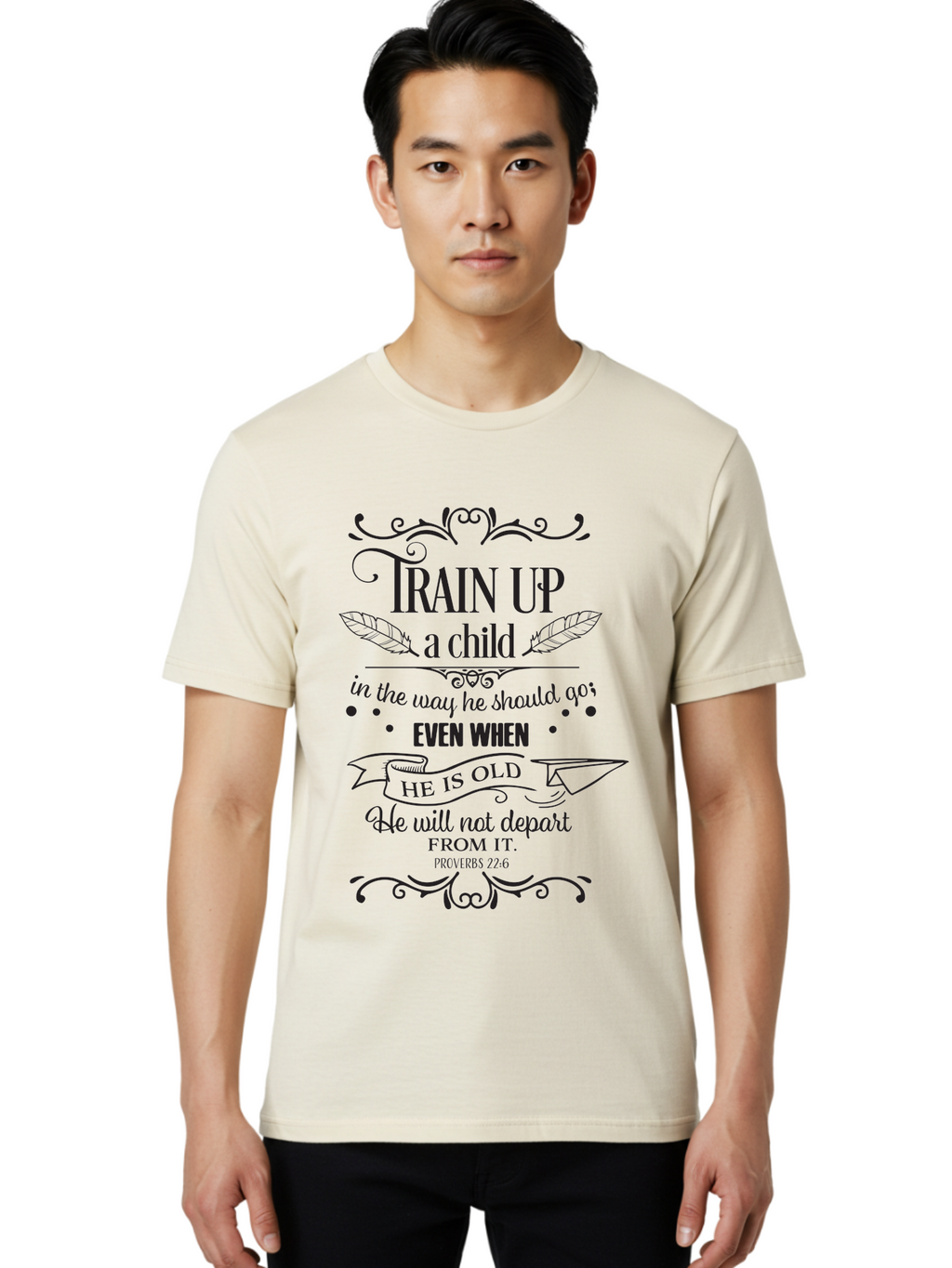 Train-Up-A-Child Men'S Graphic Tee, 100% Cotton, Comfortable Casual Summer Wear, Machine Washable, Inspirational Quote, Biblical Verse, Proverbs 22:6, Parenting Advice, Child Upbringing, Scripture Art, Typographic Design, Feather Graphics, Aad268