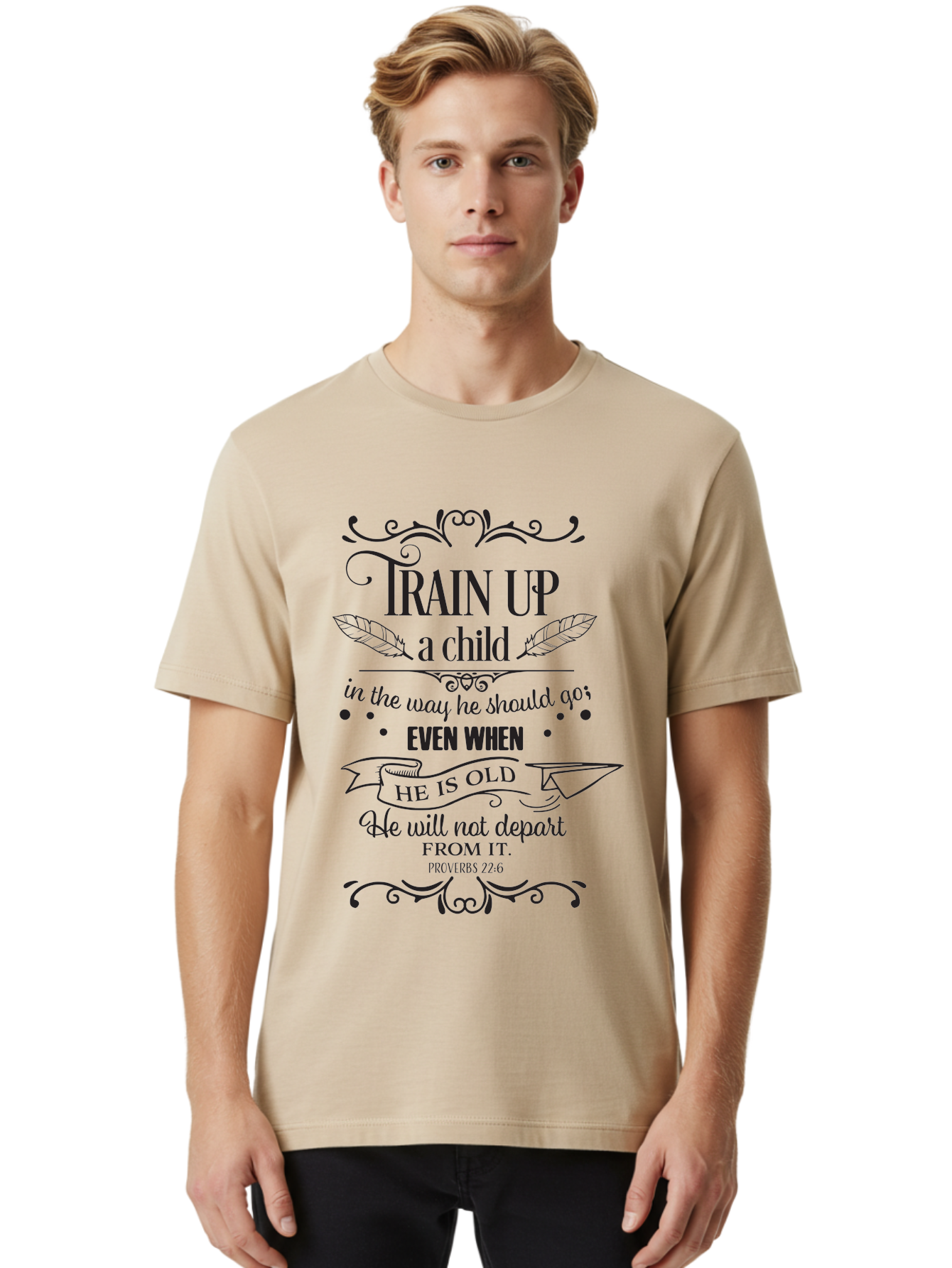 Train-Up-A-Child Men'S Graphic Tee, 100% Cotton, Comfortable Casual Summer Wear, Machine Washable, Inspirational Quote, Biblical Verse, Proverbs 22:6, Parenting Advice, Child Upbringing, Scripture Art, Typographic Design, Feather Graphics, Aad268