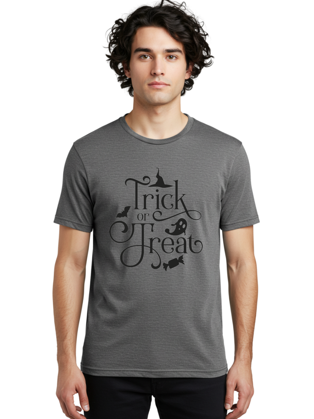 Trick-Or-Treat Men'S Graphic Tee, 100% Cotton, Comfortable Casual Summer Wear, Machine Washable, Halloween Greeting, Trick Or Treat, Black Silhouettes, Witch Hat, Flying Bat, Candy, Spooky Decorations, Halloween Theme, Festive Decor Aad270