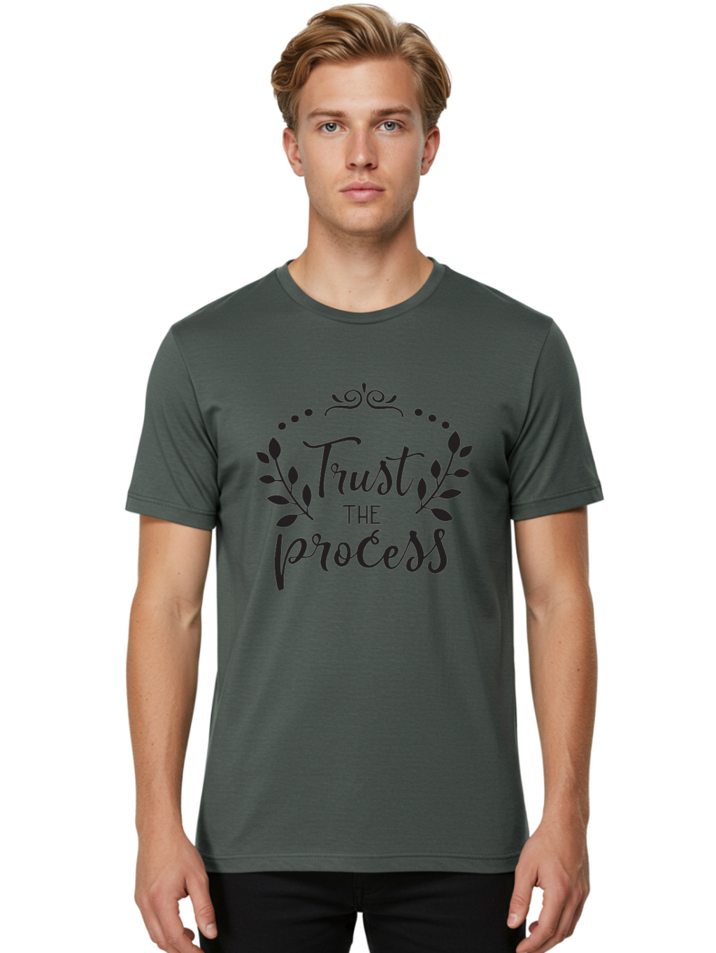 Trust-The-Process Men'S Graphic Tee, 100% Cotton, Comfortable Casual Summer Wear, Machine Washable, Trust The Process, Motivational Quote, Leafy Wreath, Inspirational Words, Positive Affirmation, Decorative Typography, Empowerment Message, Aad272