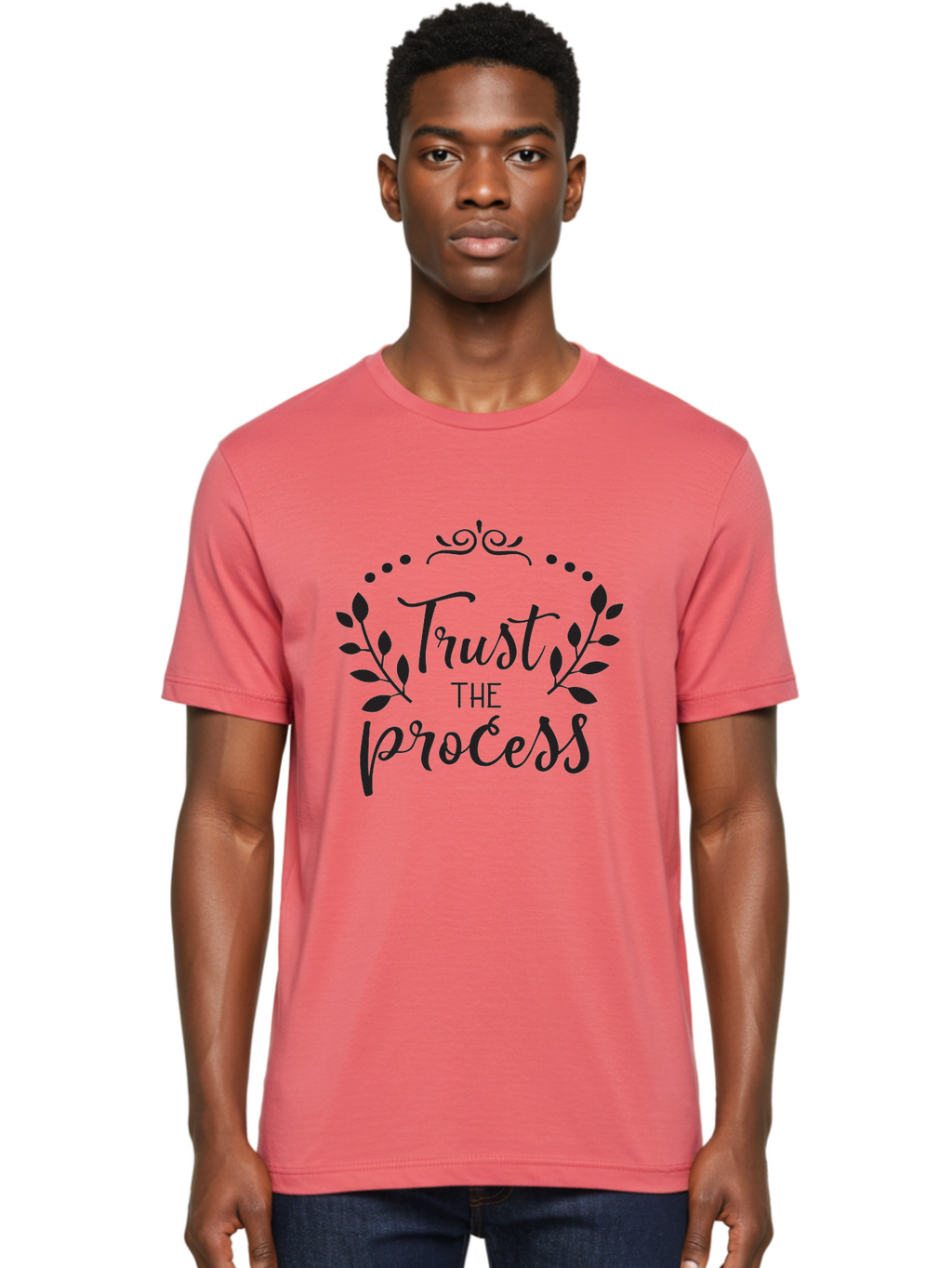 Trust-The-Process Men'S Graphic Tee, 100% Cotton, Comfortable Casual Summer Wear, Machine Washable, Trust The Process, Motivational Quote, Leafy Wreath, Inspirational Words, Positive Affirmation, Decorative Typography, Empowerment Message, Aad272