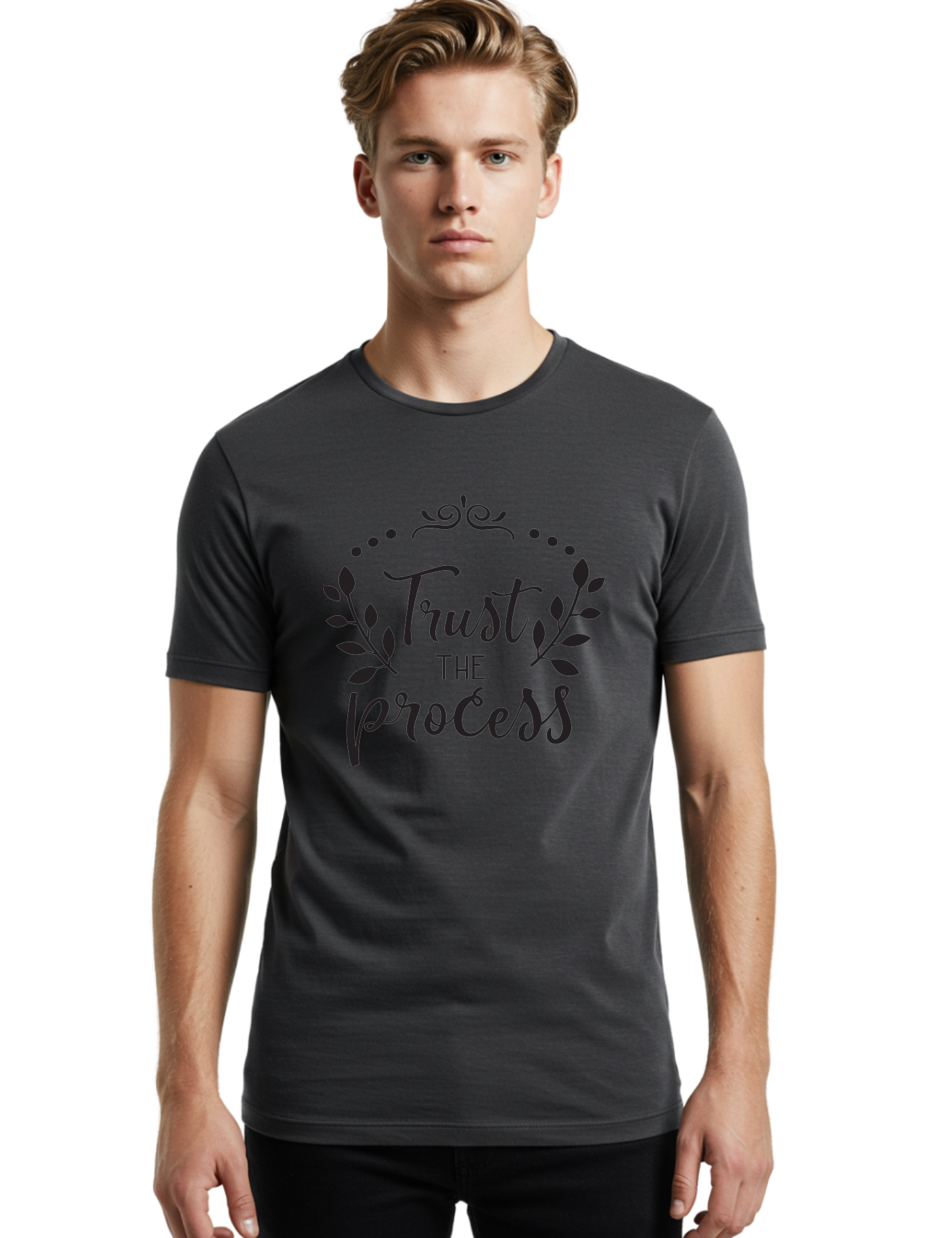 Trust-The-Process Men'S Graphic Tee, 100% Cotton, Comfortable Casual Summer Wear, Machine Washable, Trust The Process, Motivational Quote, Leafy Wreath, Inspirational Words, Positive Affirmation, Decorative Typography, Empowerment Message, Aad272