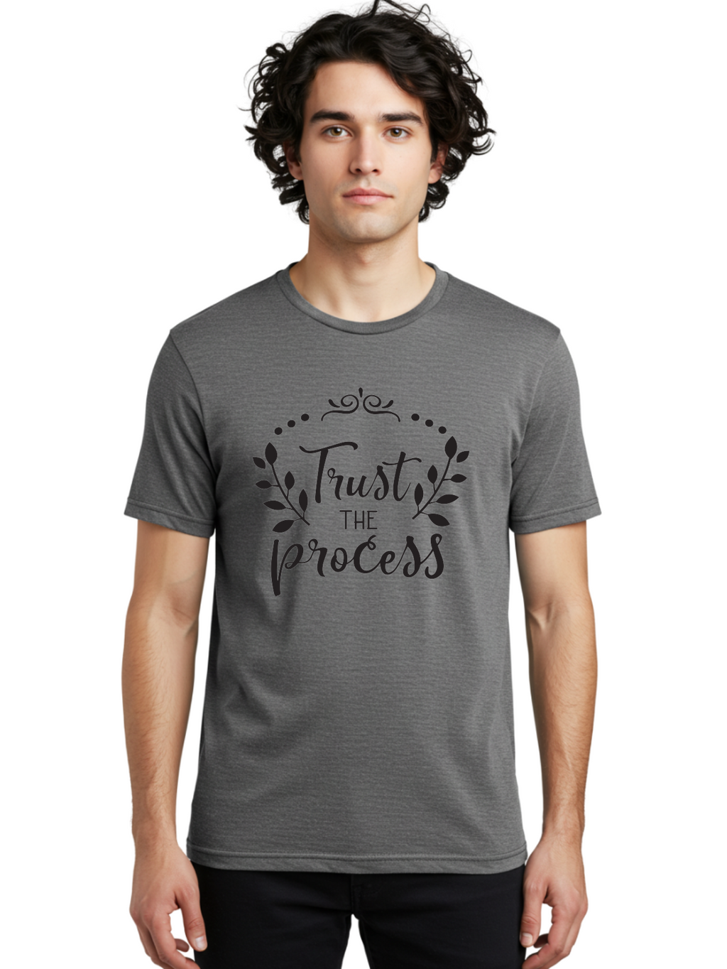 Trust-The-Process Men'S Graphic Tee, 100% Cotton, Comfortable Casual Summer Wear, Machine Washable, Trust The Process, Motivational Quote, Leafy Wreath, Inspirational Words, Positive Affirmation, Decorative Typography, Empowerment Message, Aad272