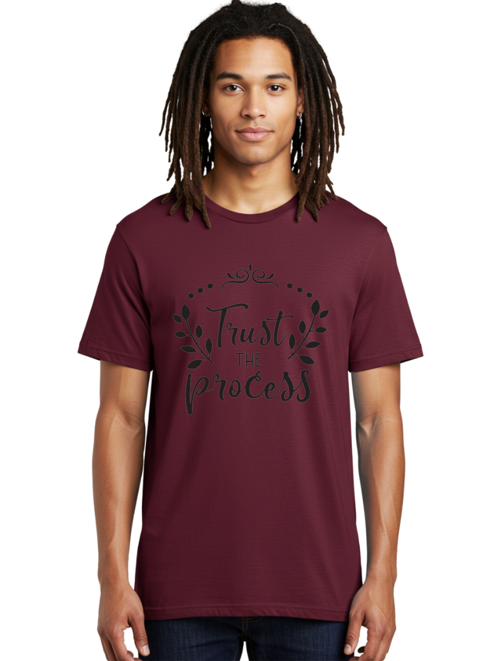 Trust-The-Process Men'S Graphic Tee, 100% Cotton, Comfortable Casual Summer Wear, Machine Washable, Trust The Process, Motivational Quote, Leafy Wreath, Inspirational Words, Positive Affirmation, Decorative Typography, Empowerment Message, Aad272