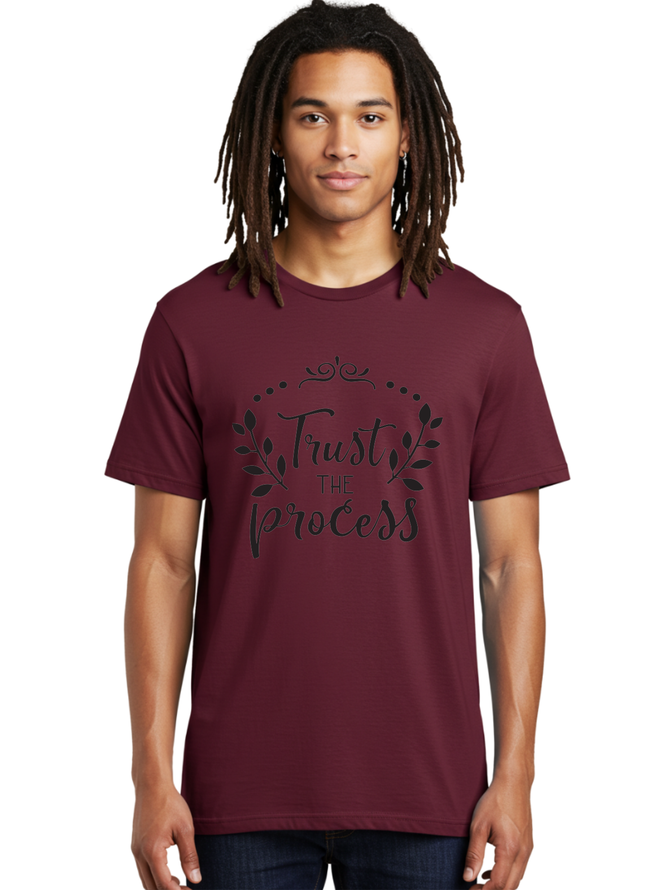 Trust-The-Process Men'S Graphic Tee, 100% Cotton, Comfortable Casual Summer Wear, Machine Washable, Trust The Process, Motivational Quote, Leafy Wreath, Inspirational Words, Positive Affirmation, Decorative Typography, Empowerment Message, Aad272