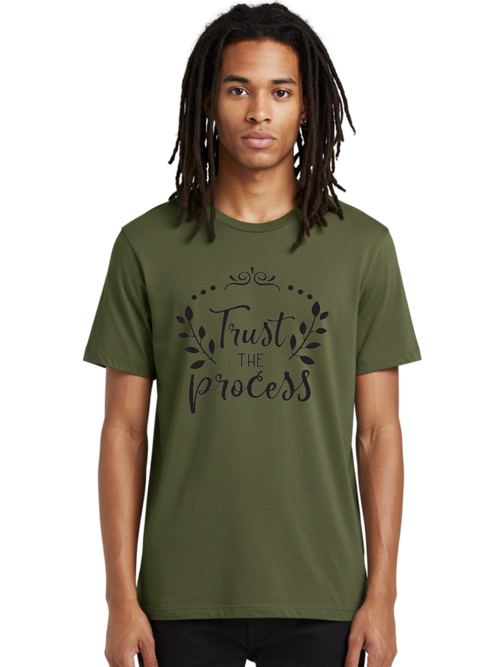 Trust-The-Process Men'S Graphic Tee, 100% Cotton, Comfortable Casual Summer Wear, Machine Washable, Trust The Process, Motivational Quote, Leafy Wreath, Inspirational Words, Positive Affirmation, Decorative Typography, Empowerment Message, Aad272