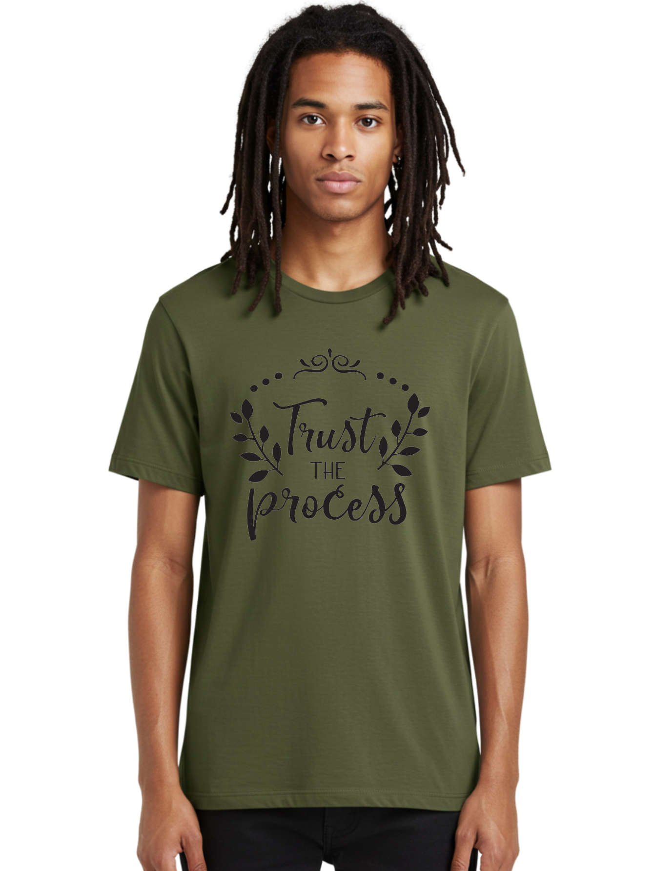 Trust-The-Process Men'S Graphic Tee, 100% Cotton, Comfortable Casual Summer Wear, Machine Washable, Trust The Process, Motivational Quote, Leafy Wreath, Inspirational Words, Positive Affirmation, Decorative Typography, Empowerment Message, Aad272