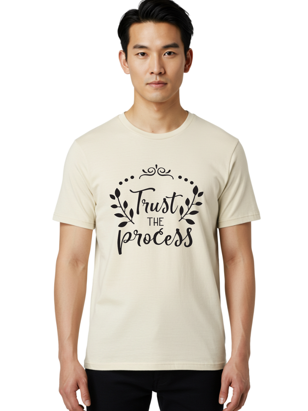 Trust-The-Process Men'S Graphic Tee, 100% Cotton, Comfortable Casual Summer Wear, Machine Washable, Trust The Process, Motivational Quote, Leafy Wreath, Inspirational Words, Positive Affirmation, Decorative Typography, Empowerment Message, Aad272
