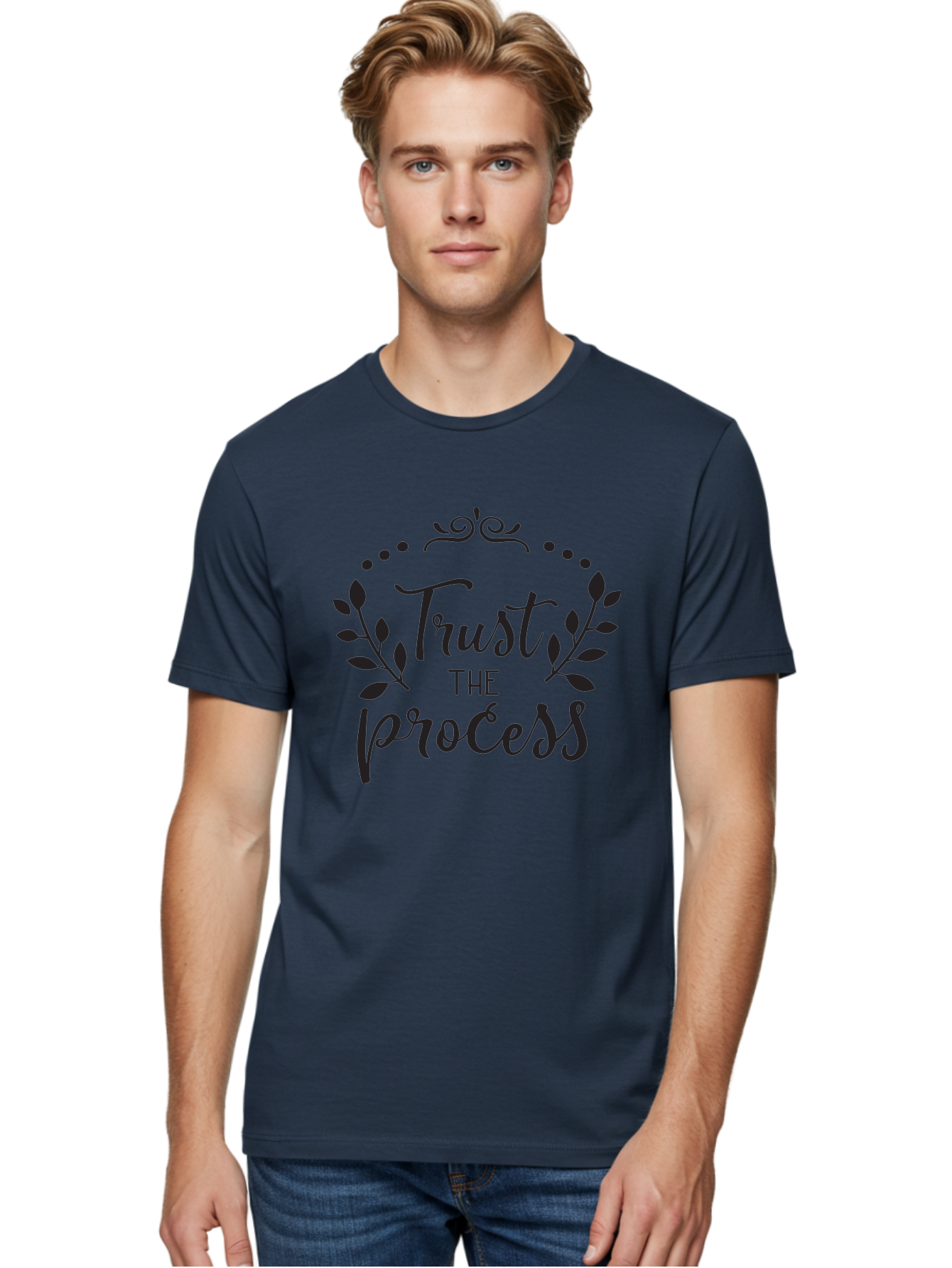 Trust-The-Process Men'S Graphic Tee, 100% Cotton, Comfortable Casual Summer Wear, Machine Washable, Trust The Process, Motivational Quote, Leafy Wreath, Inspirational Words, Positive Affirmation, Decorative Typography, Empowerment Message, Aad272