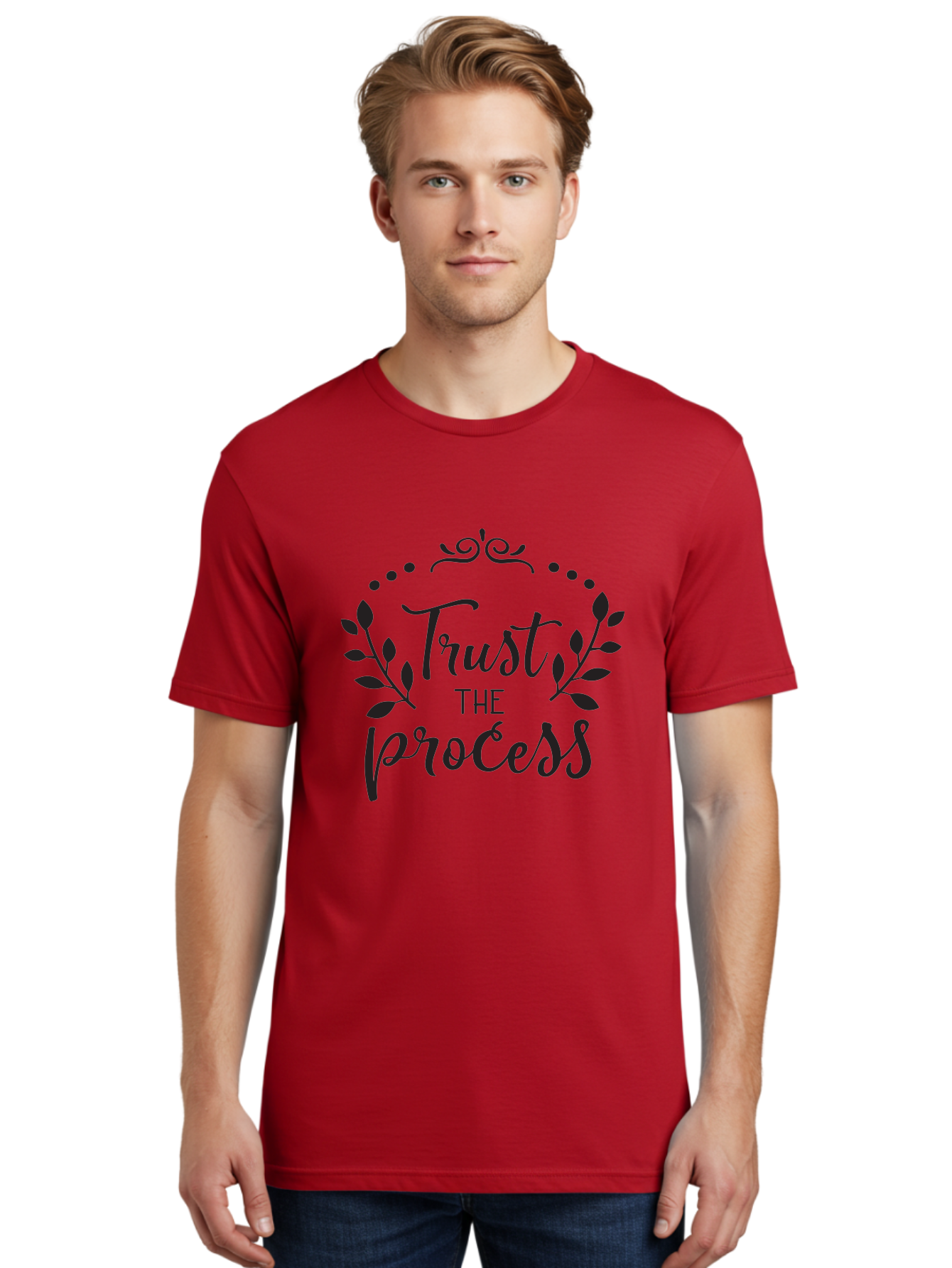 Trust-The-Process Men'S Graphic Tee, 100% Cotton, Comfortable Casual Summer Wear, Machine Washable, Trust The Process, Motivational Quote, Leafy Wreath, Inspirational Words, Positive Affirmation, Decorative Typography, Empowerment Message, Aad272