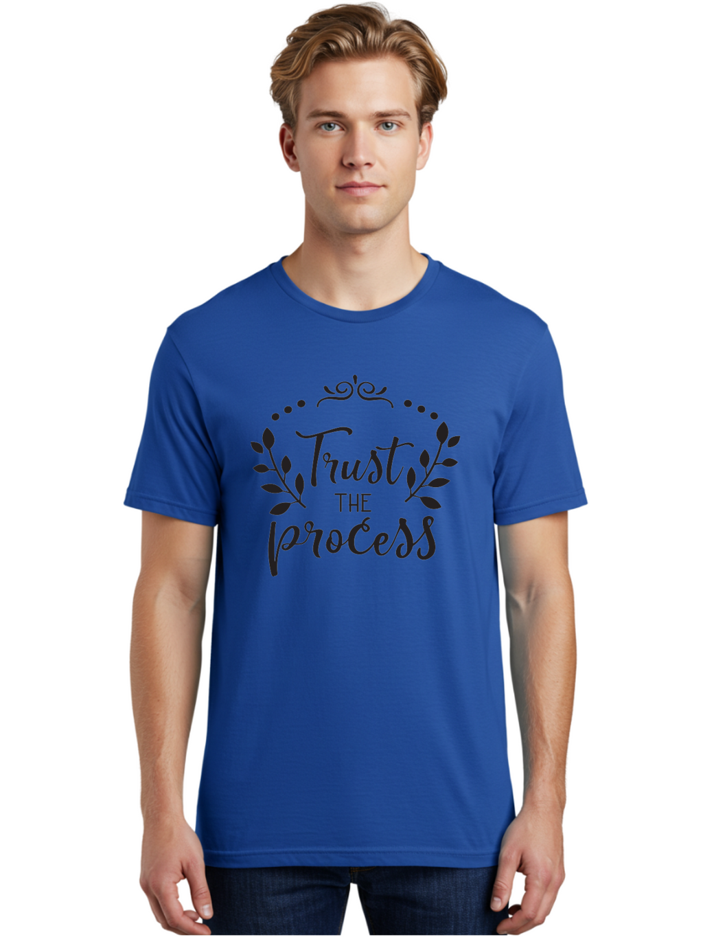 Trust-The-Process Men'S Graphic Tee, 100% Cotton, Comfortable Casual Summer Wear, Machine Washable, Trust The Process, Motivational Quote, Leafy Wreath, Inspirational Words, Positive Affirmation, Decorative Typography, Empowerment Message, Aad272