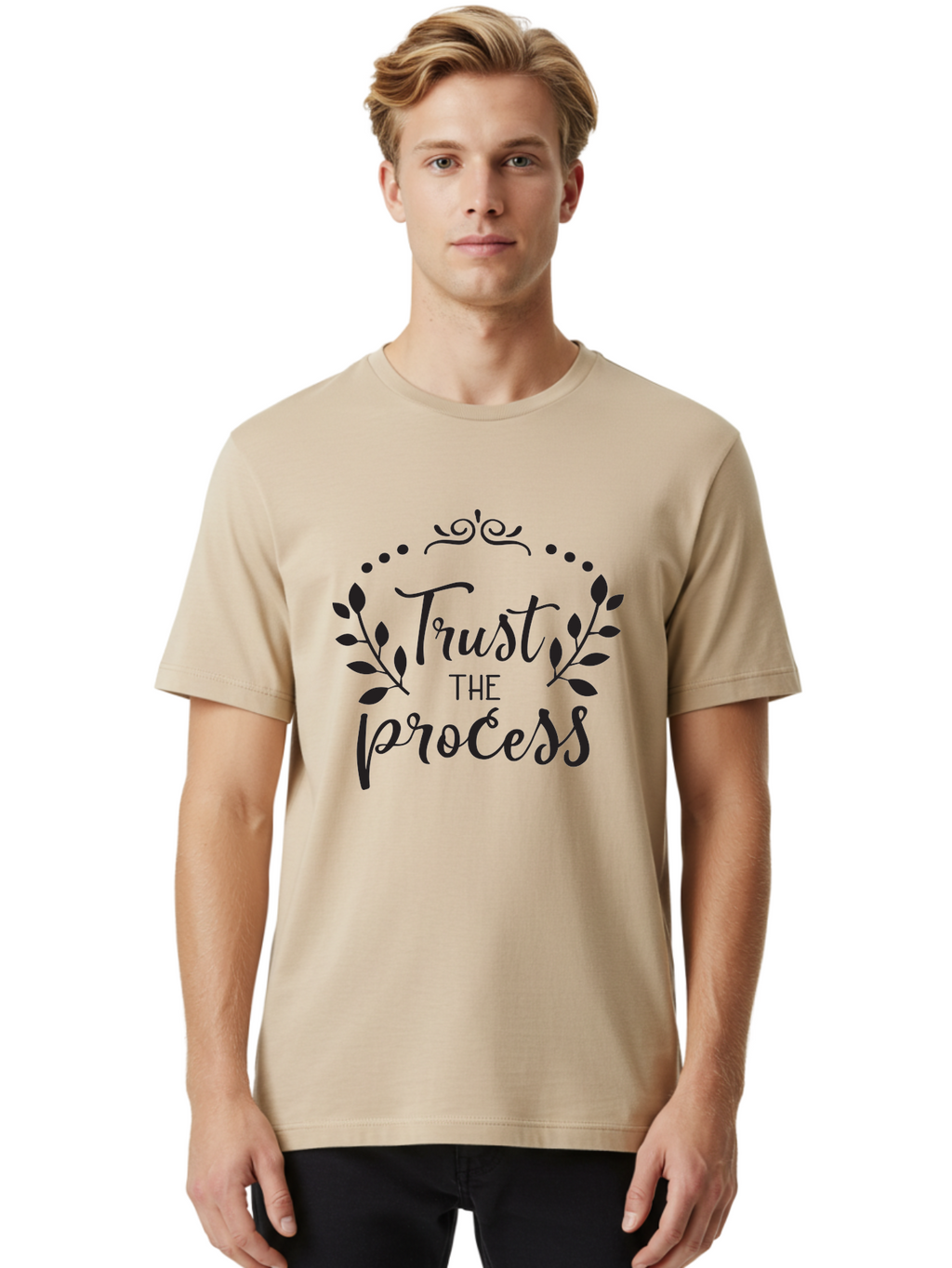 Trust-The-Process Men'S Graphic Tee, 100% Cotton, Comfortable Casual Summer Wear, Machine Washable, Trust The Process, Motivational Quote, Leafy Wreath, Inspirational Words, Positive Affirmation, Decorative Typography, Empowerment Message, Aad272