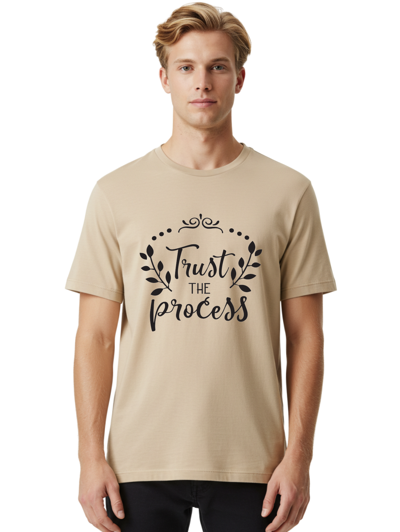 Trust-The-Process Men'S Graphic Tee, 100% Cotton, Comfortable Casual Summer Wear, Machine Washable, Trust The Process, Motivational Quote, Leafy Wreath, Inspirational Words, Positive Affirmation, Decorative Typography, Empowerment Message, Aad272