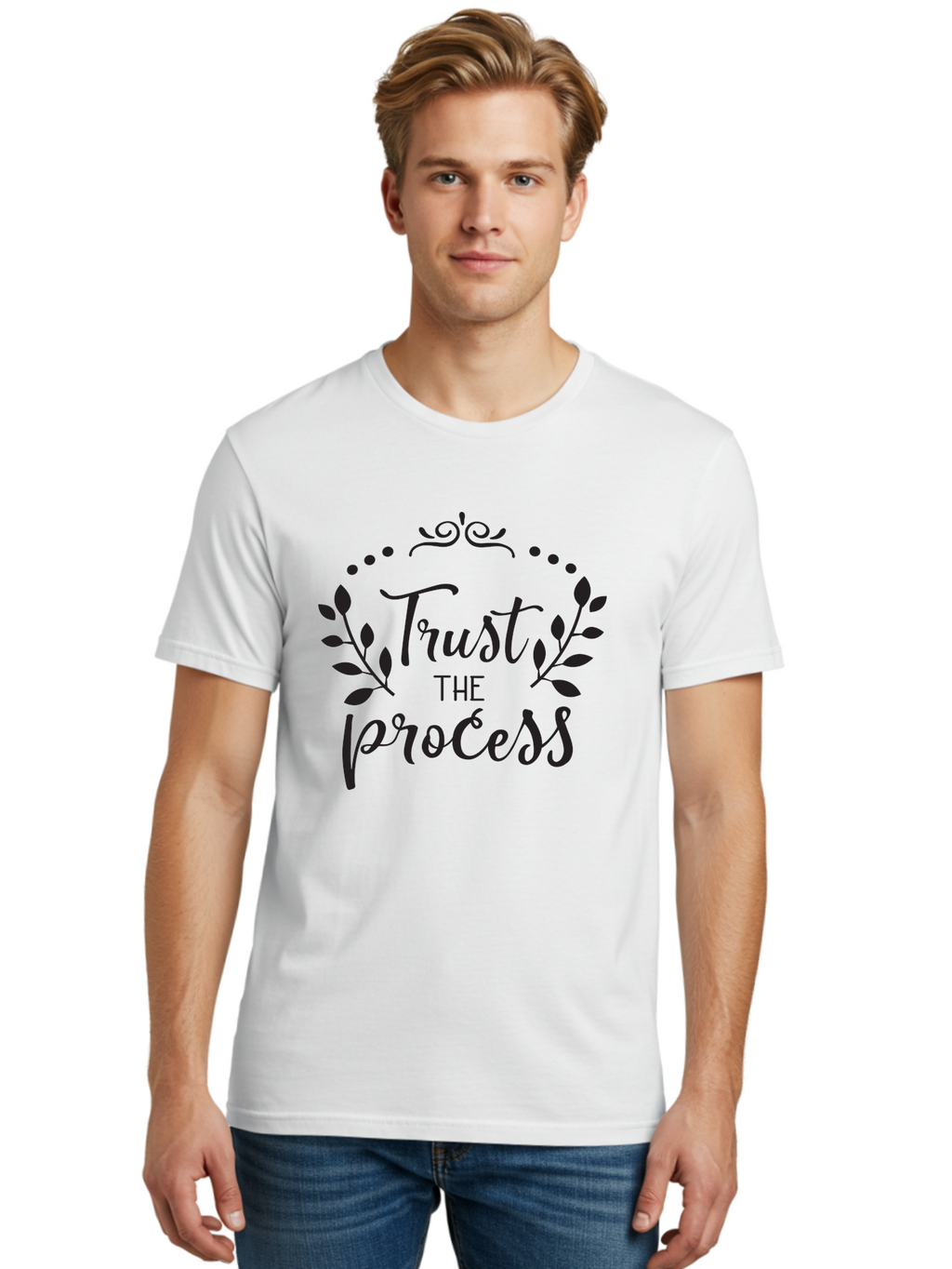 Trust-The-Process Men'S Graphic Tee, 100% Cotton, Comfortable Casual Summer Wear, Machine Washable, Trust The Process, Motivational Quote, Leafy Wreath, Inspirational Words, Positive Affirmation, Decorative Typography, Empowerment Message, Aad272