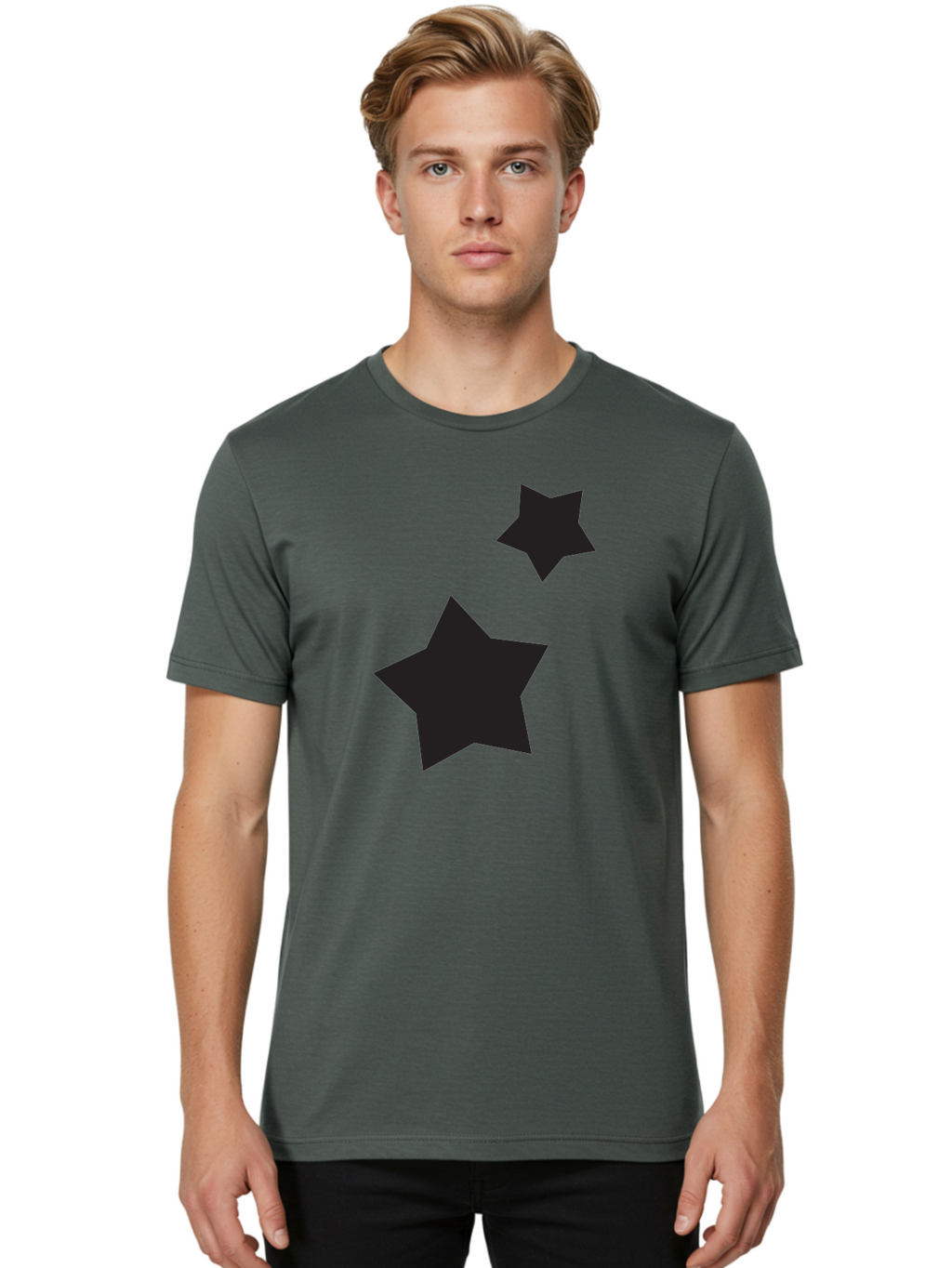 Two-Black-Stars Men'S Graphic Tee, 100% Cotton, Comfortable Casual Summer Wear, Machine Washable, Star Silhouettes, Black Stars, Simple Shapes, Minimalist Design, Abstract Art, Celestial Theme, Graphic Elements, Creative Design Aad275