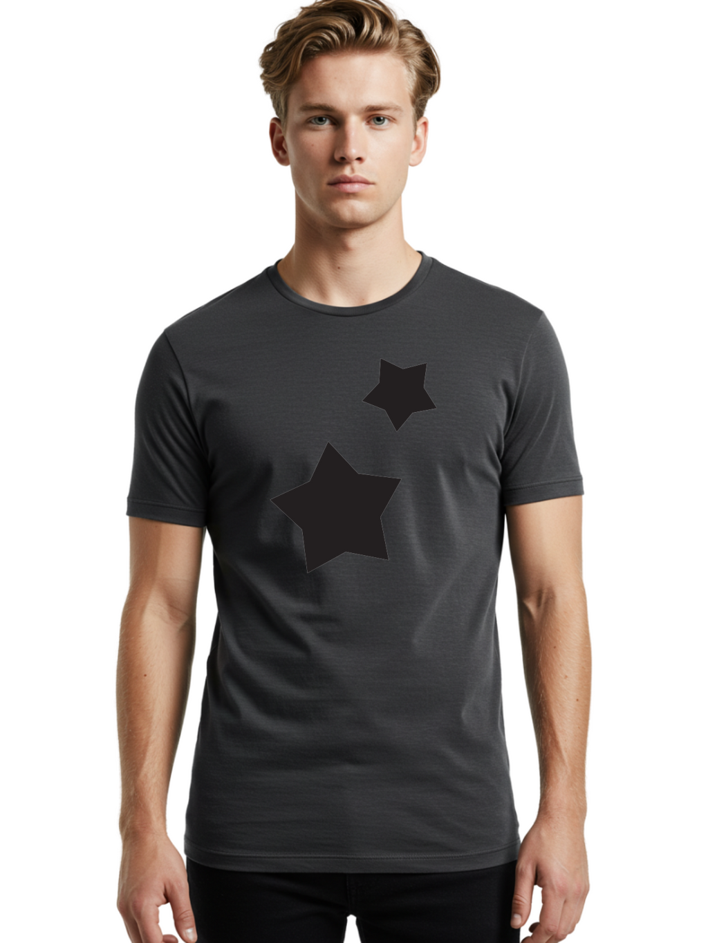 Two-Black-Stars Men'S Graphic Tee, 100% Cotton, Comfortable Casual Summer Wear, Machine Washable, Star Silhouettes, Black Stars, Simple Shapes, Minimalist Design, Abstract Art, Celestial Theme, Graphic Elements, Creative Design Aad275