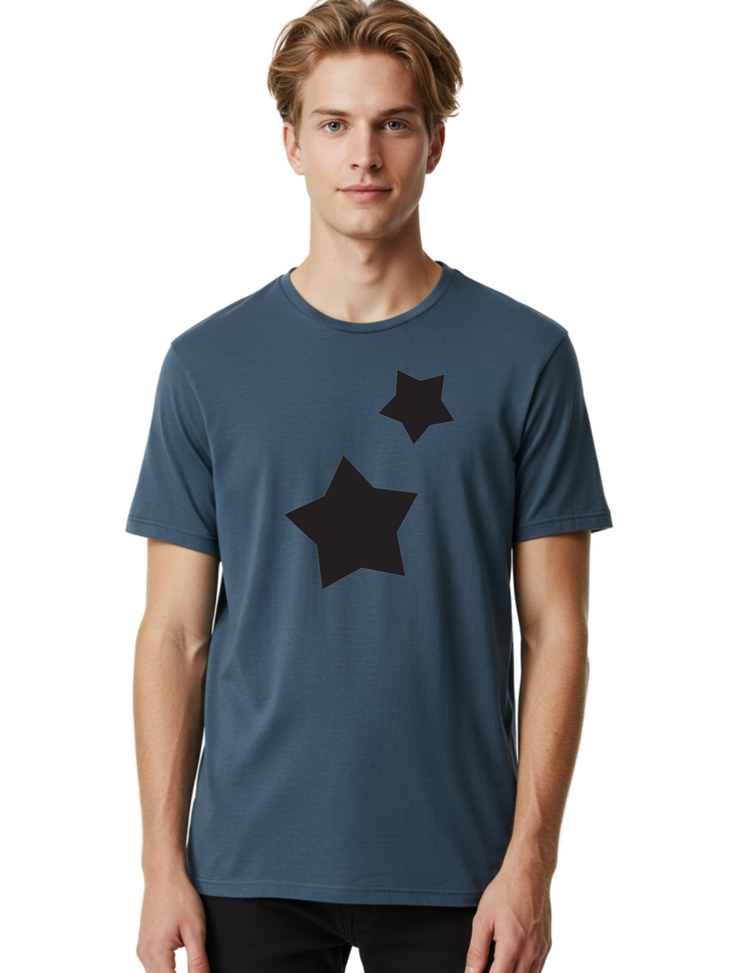 Two-Black-Stars Men'S Graphic Tee, 100% Cotton, Comfortable Casual Summer Wear, Machine Washable, Star Silhouettes, Black Stars, Simple Shapes, Minimalist Design, Abstract Art, Celestial Theme, Graphic Elements, Creative Design Aad275