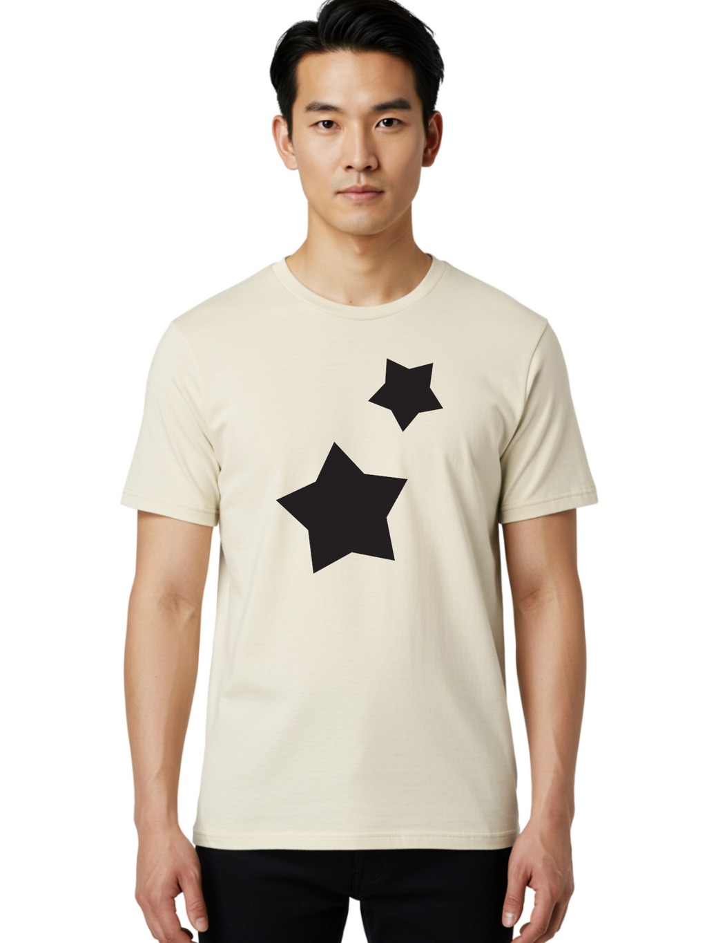 Two-Black-Stars Men'S Graphic Tee, 100% Cotton, Comfortable Casual Summer Wear, Machine Washable, Star Silhouettes, Black Stars, Simple Shapes, Minimalist Design, Abstract Art, Celestial Theme, Graphic Elements, Creative Design Aad275