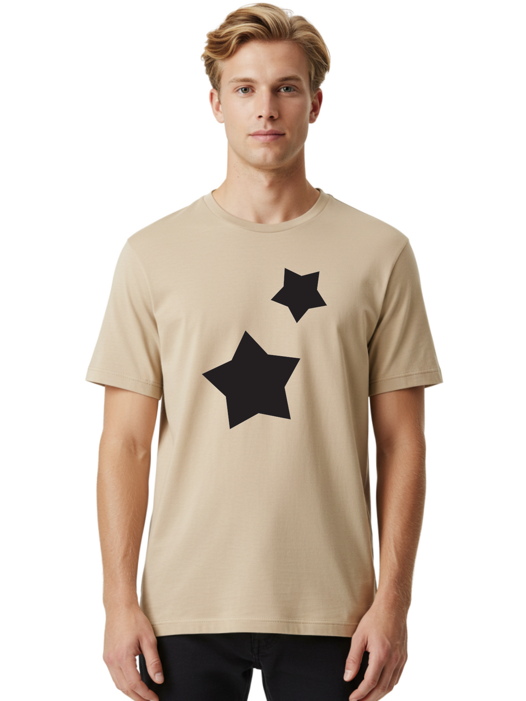 Two-Black-Stars Men'S Graphic Tee, 100% Cotton, Comfortable Casual Summer Wear, Machine Washable, Star Silhouettes, Black Stars, Simple Shapes, Minimalist Design, Abstract Art, Celestial Theme, Graphic Elements, Creative Design Aad275