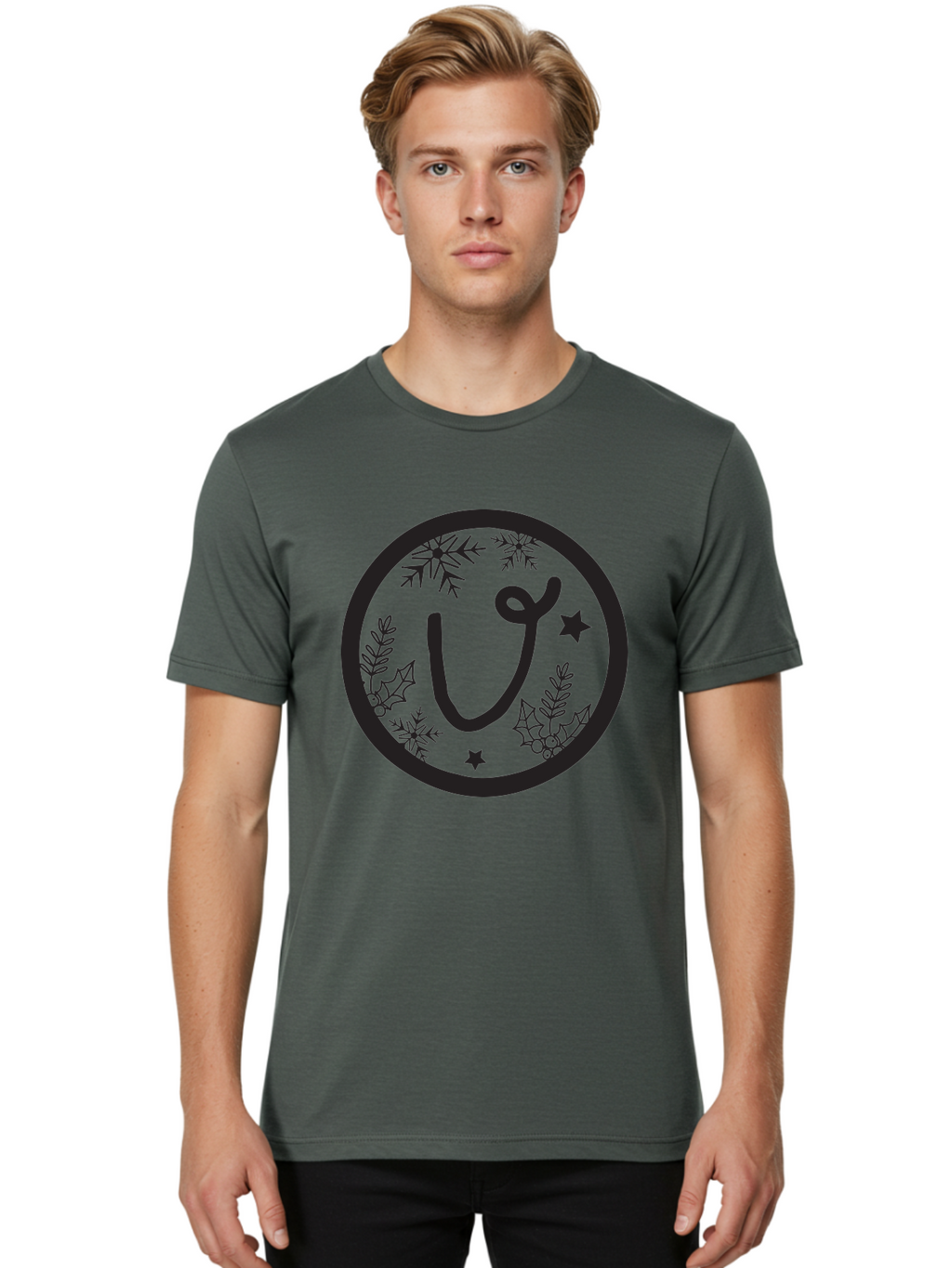 U Men'S Graphic Tee, 100% Cotton, Comfortable Casual Summer Wear, Machine Washable, Christmas Wreath, Holiday Decoration, Festive Design, Snowflakes, Holly Leaves, Stars, Seasonal Symbol, Winter Theme, Celebration, Black And Green, 'U' Letter Aad278