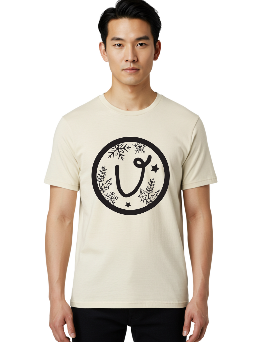 U Men'S Graphic Tee, 100% Cotton, Comfortable Casual Summer Wear, Machine Washable, Christmas Wreath, Holiday Decoration, Festive Design, Snowflakes, Holly Leaves, Stars, Seasonal Symbol, Winter Theme, Celebration, Black And Green, 'U' Letter Aad278