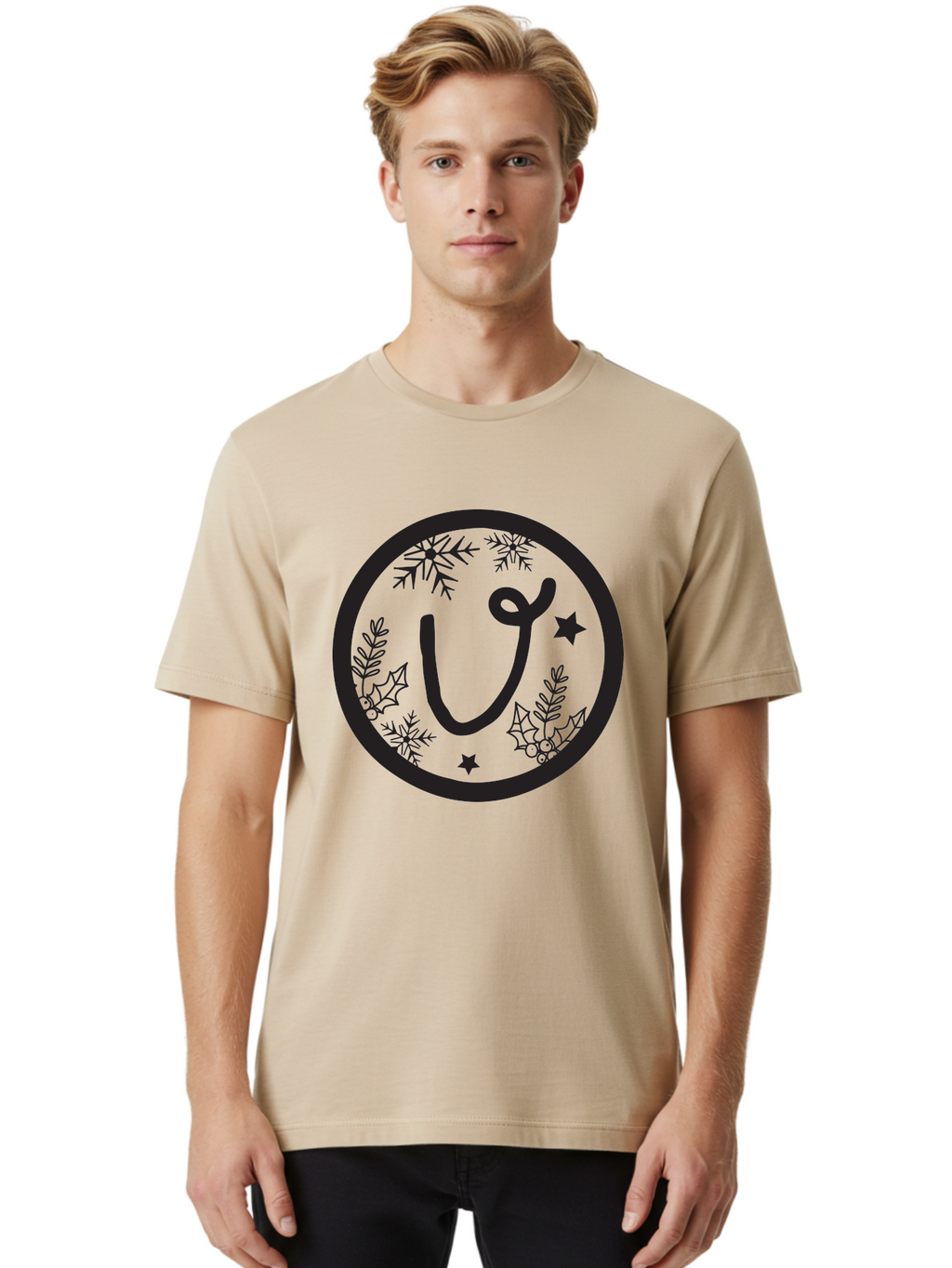 U Men'S Graphic Tee, 100% Cotton, Comfortable Casual Summer Wear, Machine Washable, Christmas Wreath, Holiday Decoration, Festive Design, Snowflakes, Holly Leaves, Stars, Seasonal Symbol, Winter Theme, Celebration, Black And Green, 'U' Letter Aad278