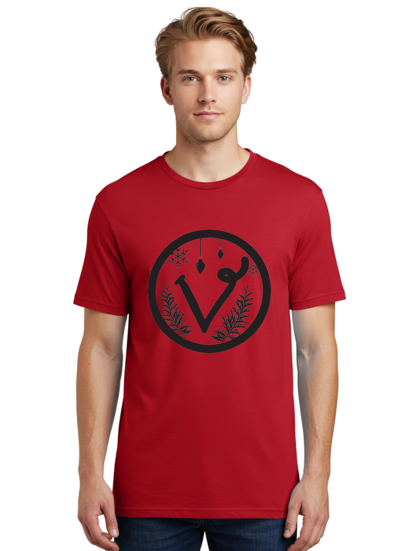 V-Rune-Symbol Men'S Graphic Tee, 100% Cotton, Comfortable Casual Summer Wear, Machine Washable, V Rune Symbol, Norse Mythology, Ancient Runes, Mystical Symbols, Winter Solstice, Snowflakes, Hanging Ornaments, Fir Branches, Mysticism, Aad279